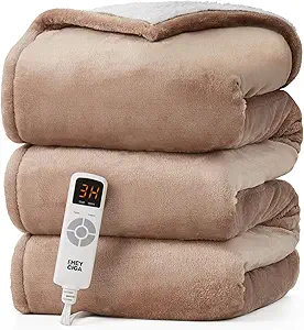 EHEYCIGA Electric Heated Blanket Throw - Sherpa & Fleece, 9 Heating Levels, Auto Off, 50 x 60 Inches, Beige