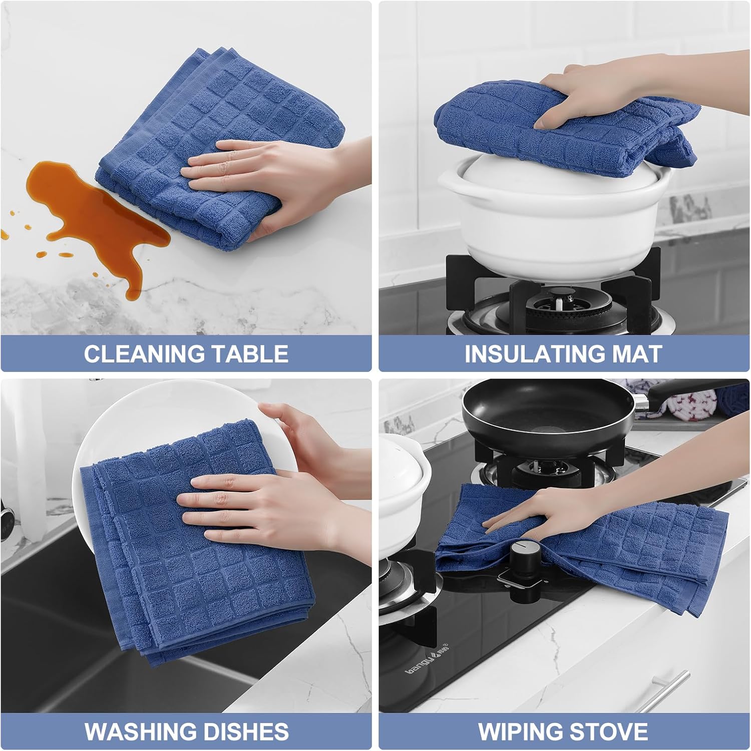 Homaxy Premium Cotton Kitchen Towels 16"x 28", Large Natural Ring Spun 390 GSM Dish Towels, Super Absorbent Terry Kitchen Hand Towels, Soft Tea Towels with Hanging Loop, Pure Navy Blue Design, 6 Pack