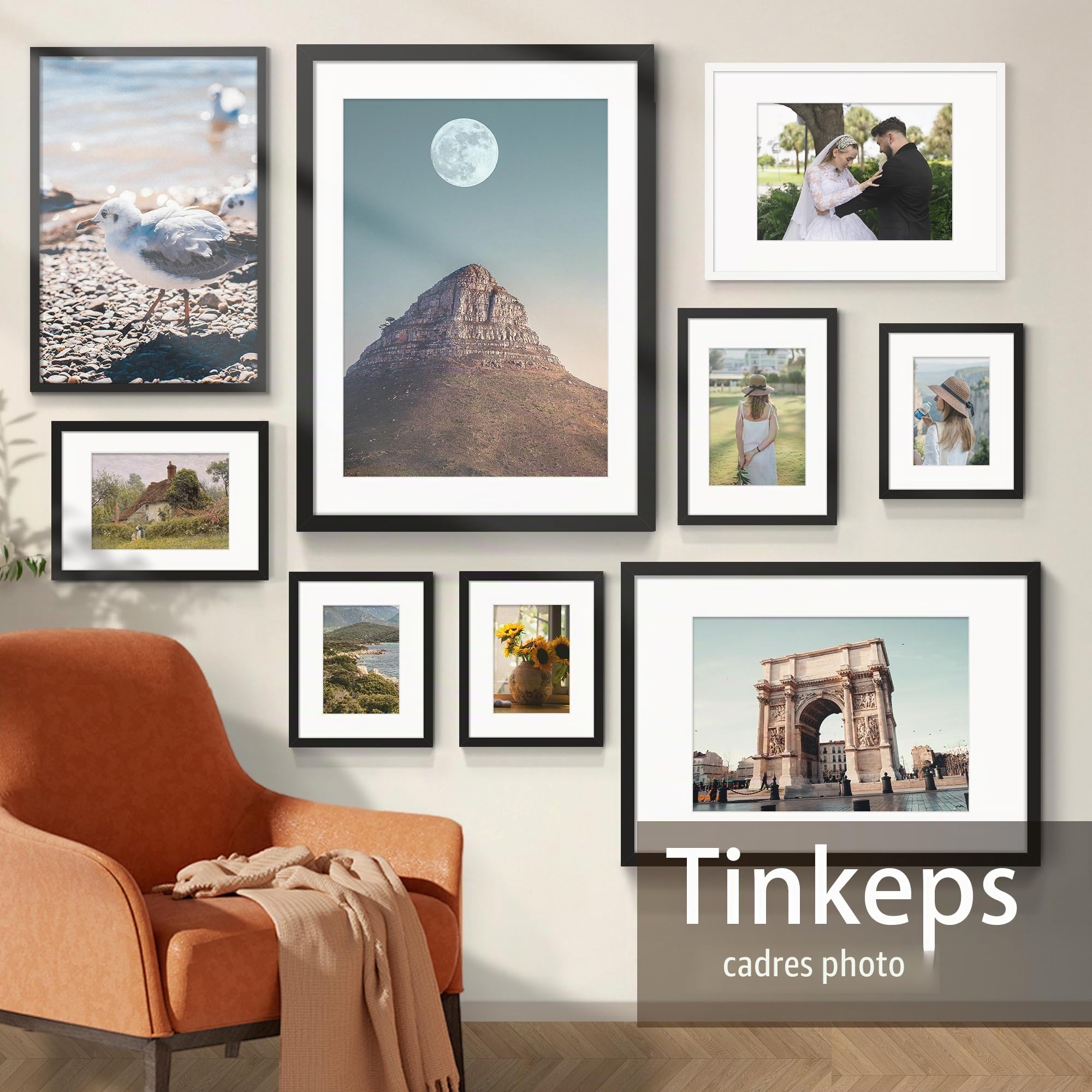 Lot de 4 cadres photo noirs de 40 x 60 cm, en bois d'ingénierie et plexiglas, avec passe-partout pour impressions A3, photos et affiches, montage mural, 40 x 60 cm