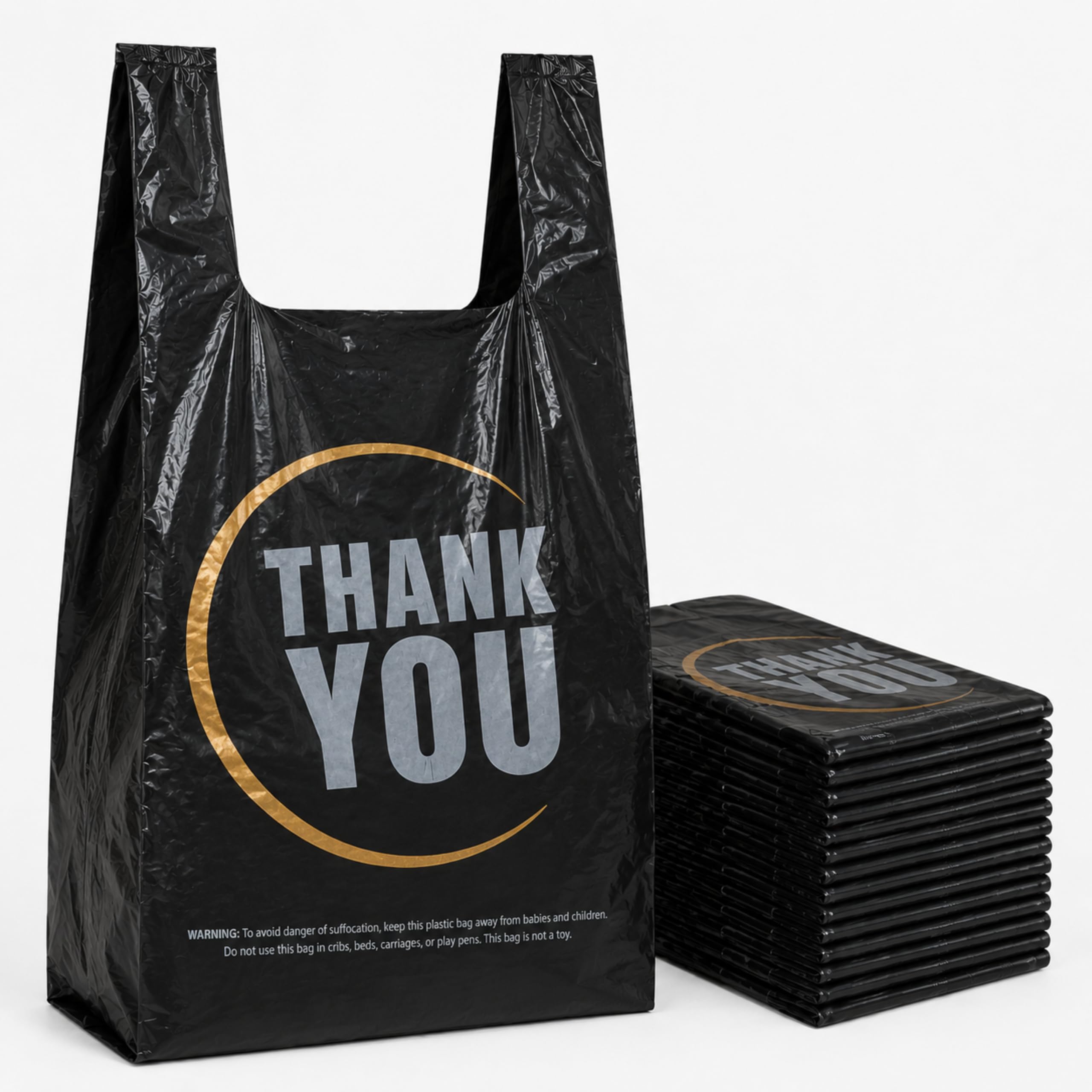YoYoRain Black Thank you T shirt bag, Grocery shopping bag Reusable and Disposable Supermarket Bag 11''x6''x21'' 300PCS