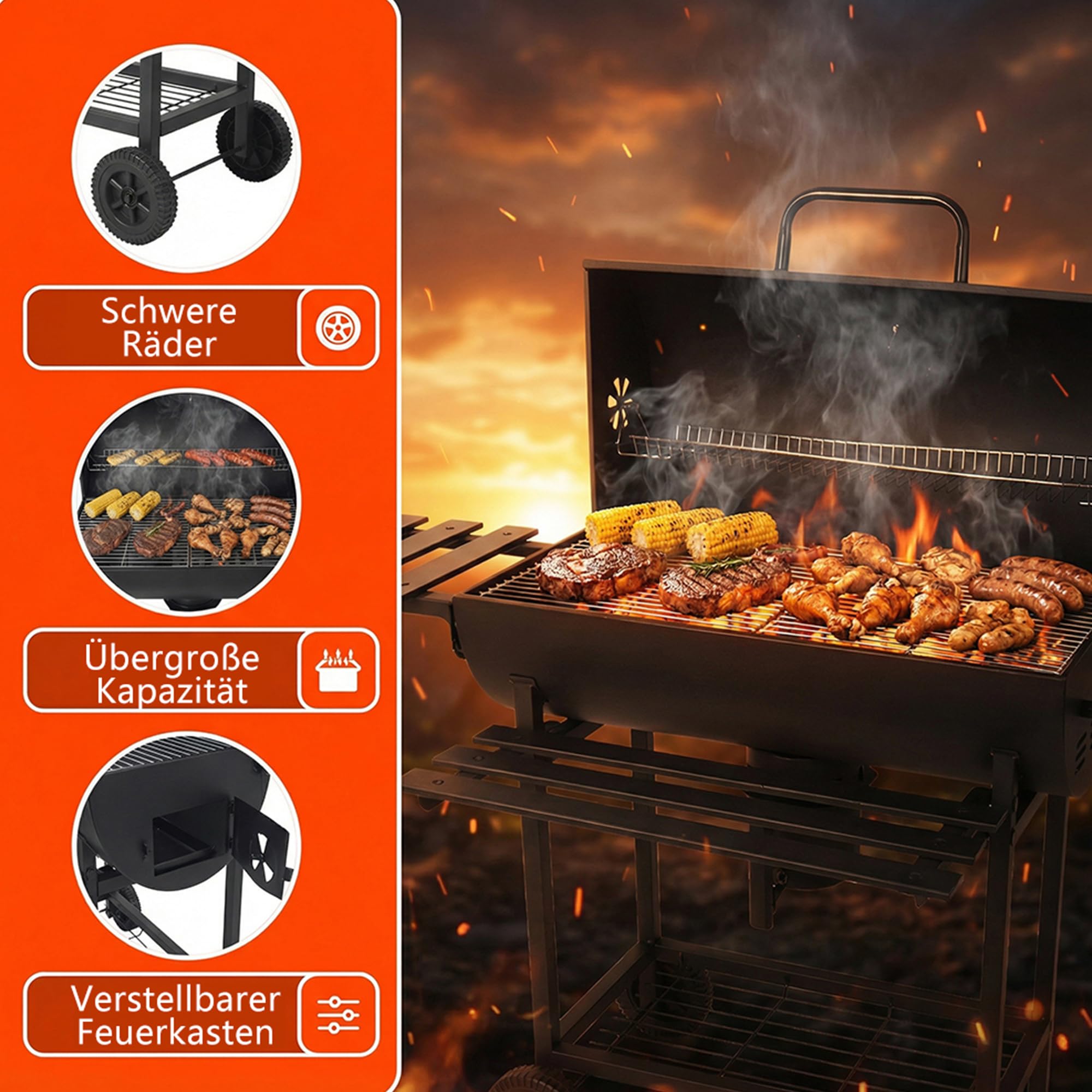 Huacan Holzkohlegrill Groß mit Deckel und Gusseisen Grillrost, Edelstahl Kohlegrill Wagen mit 2 Holzplattenhalter, Rädern und Heißschutzgriff. Grillofen für Garten, Terrasse, Camping 112 * 63 * 97CM