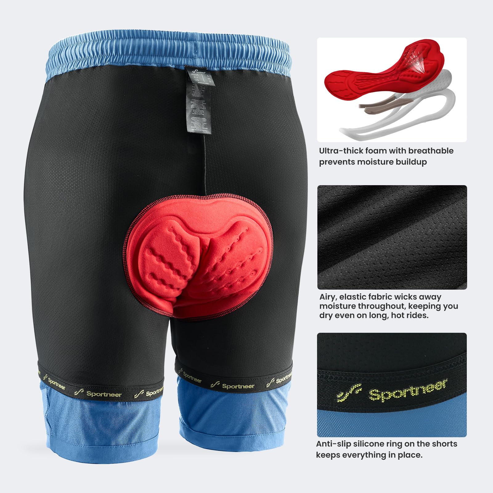 Sportneer MTB, Pantaloncini da Ciclismo da Uomo, Imbottiti, Pantaloncini da Ciclismo da Uomo, Foderati in 3D, Mountain Bike, Ciclismo, Sport, Ciclismo all'aperto