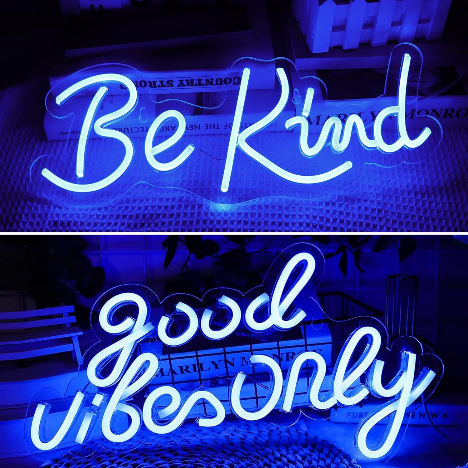 JFLLamp Good Vibes Only Neon Signs 16.5 * 10 Inch(Blue) + JFLLamp Be Kind Neon Signs 17.5 * 7 Inch(Blue)