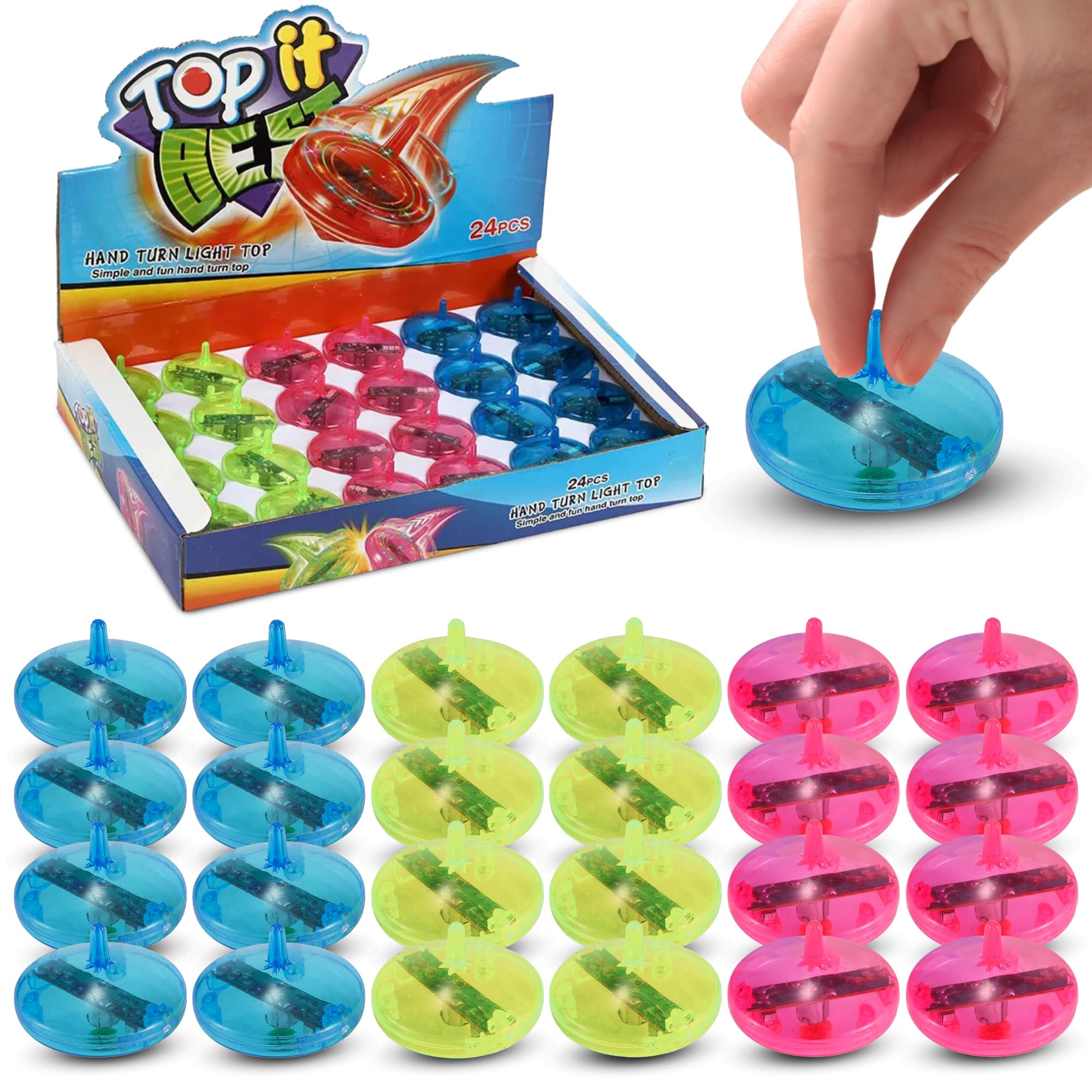 24 Pieces: Light Up Mini Spinning Tops - LED Flashing Bulk Small Spin Toys for Kids Party Favors and Novelty Play Bundle Pack