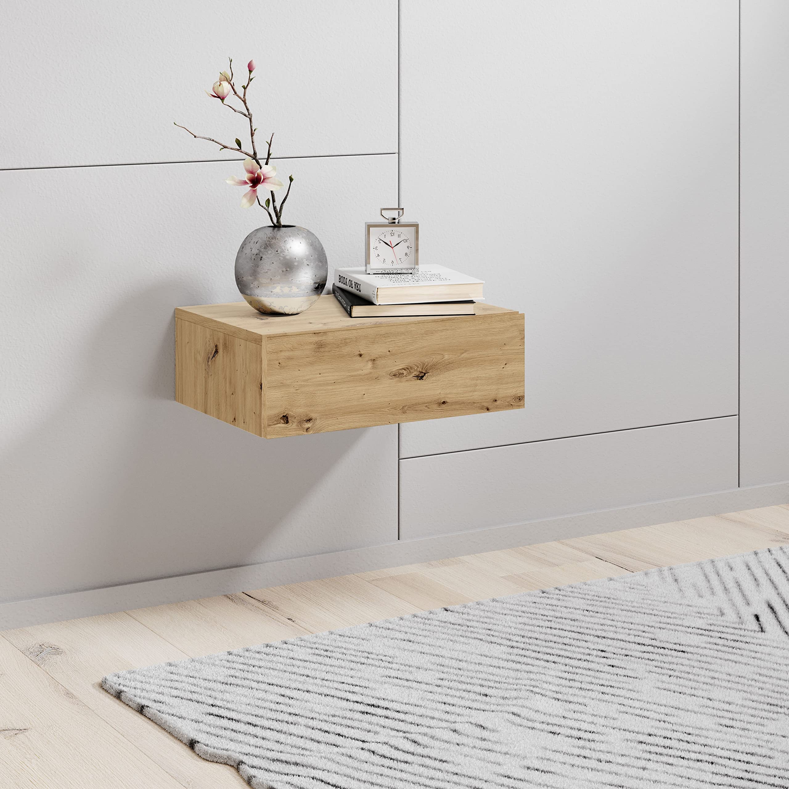 Stella Trading TAJO, Effetto Rovere Comodino sospeso con cassetto e Molto Spazio, Legno ingegnerizzato, Quercia Artisan, 42 x 14 x 30 cm