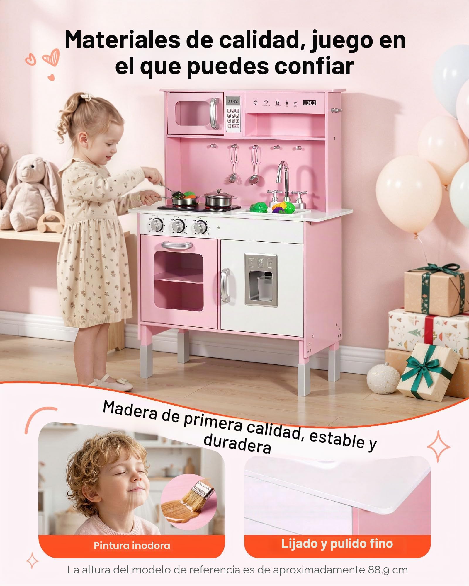 VEVOR Cocina de Juguete para Niños de 3 a 8 Años, Cocinita Infantil de Madera con Luces y Sonidos, Zonas Interactivas, Fregadero, Microondas, Accesorios, Juego de Cocina con Almacenamiento, Color Rosa