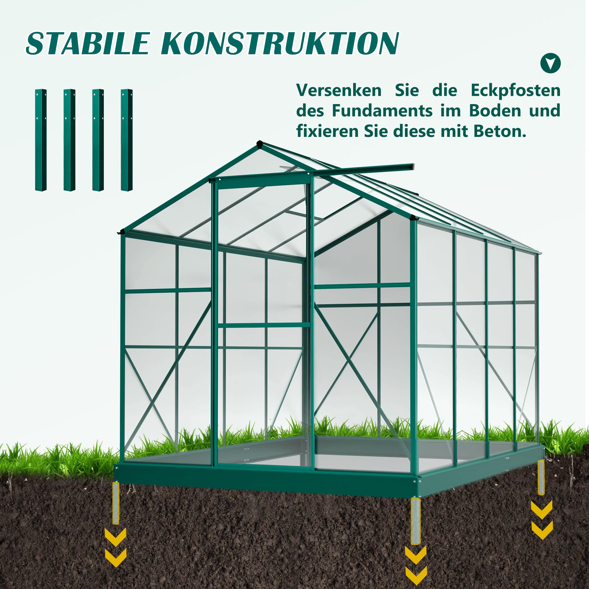 Gewächshaus 254×189×155cm Stabil und Sturmfest Transparente Polycarbonatplatte Wintergarten, Zimmergewächshaus für Verstellbarer Dachlüfter mit 4 Winkeln, Witterungsbeständigkeit Frühbeet,Tomatendach