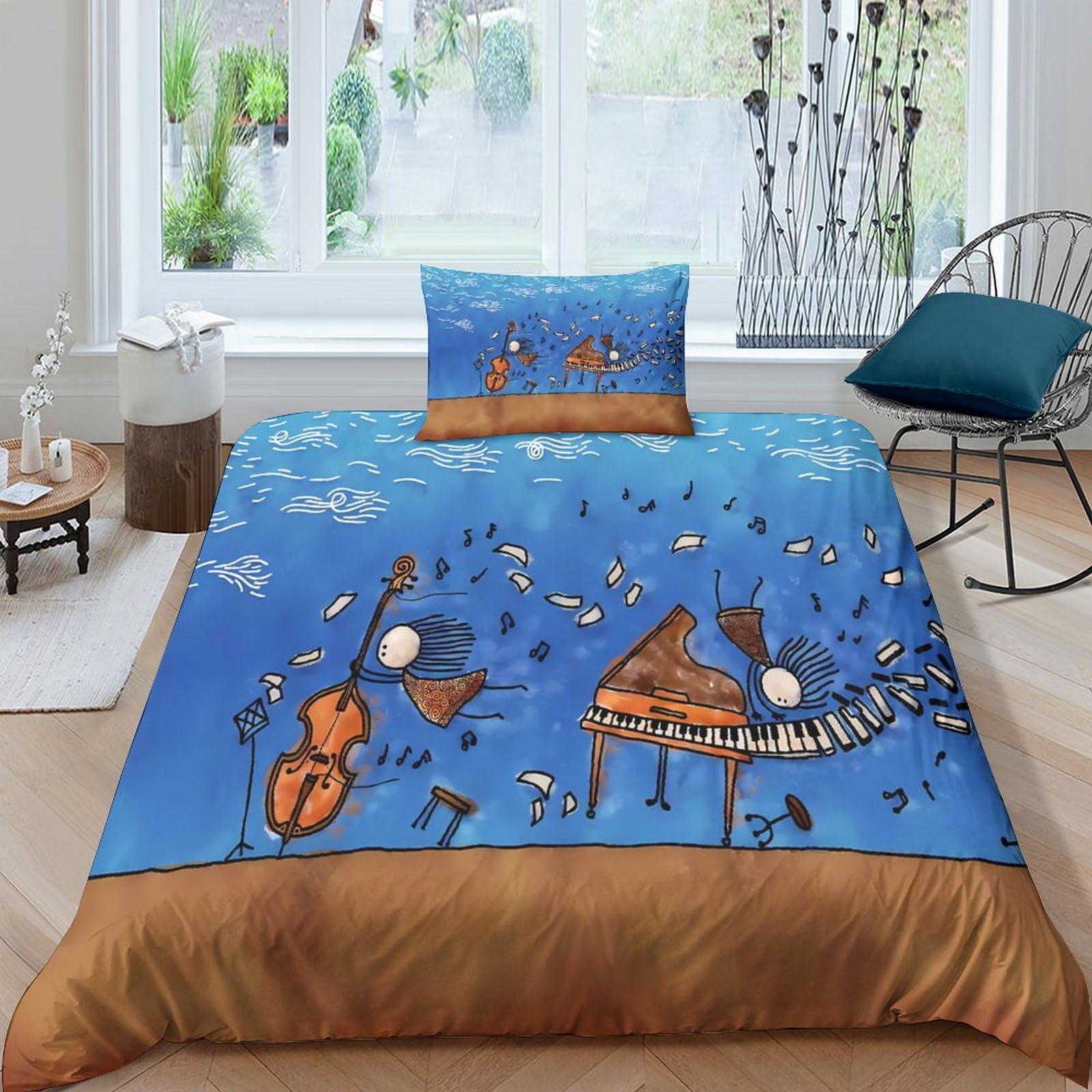 Housse de couette violon et piano 3D parure lit single 135x200 microfibre