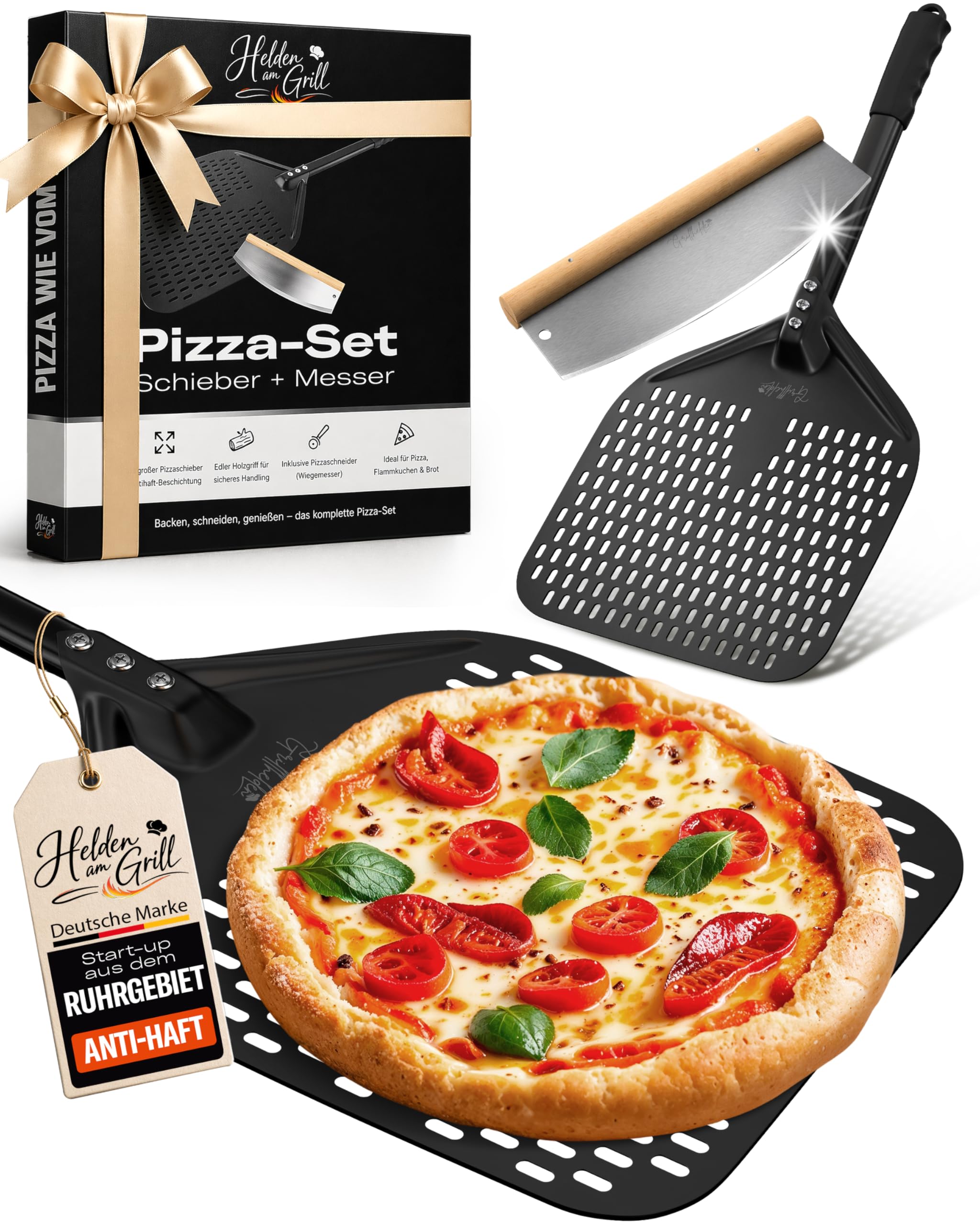 Pizzaschieber Set mit Pizzaschneider - großer perforierter Pizzaschieber mit Antihaft-Beschichtung - Pizzamesser Wiegemesser mit Holzgriff - Pizza Zubehör für Backofen und Pizzaofen