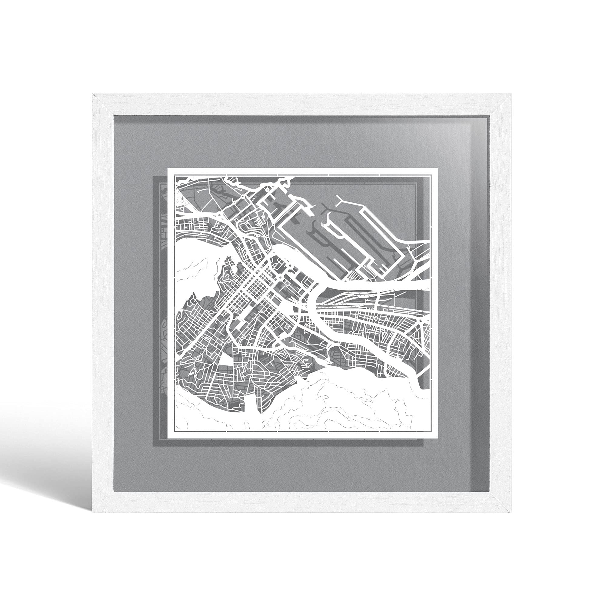 O3 DESIGN STUDIO Cape Town Paper Cut Map framed, White map, White frame, 23x23 cm, Gift Boxed, 4 background color, self-changing, Paper Art