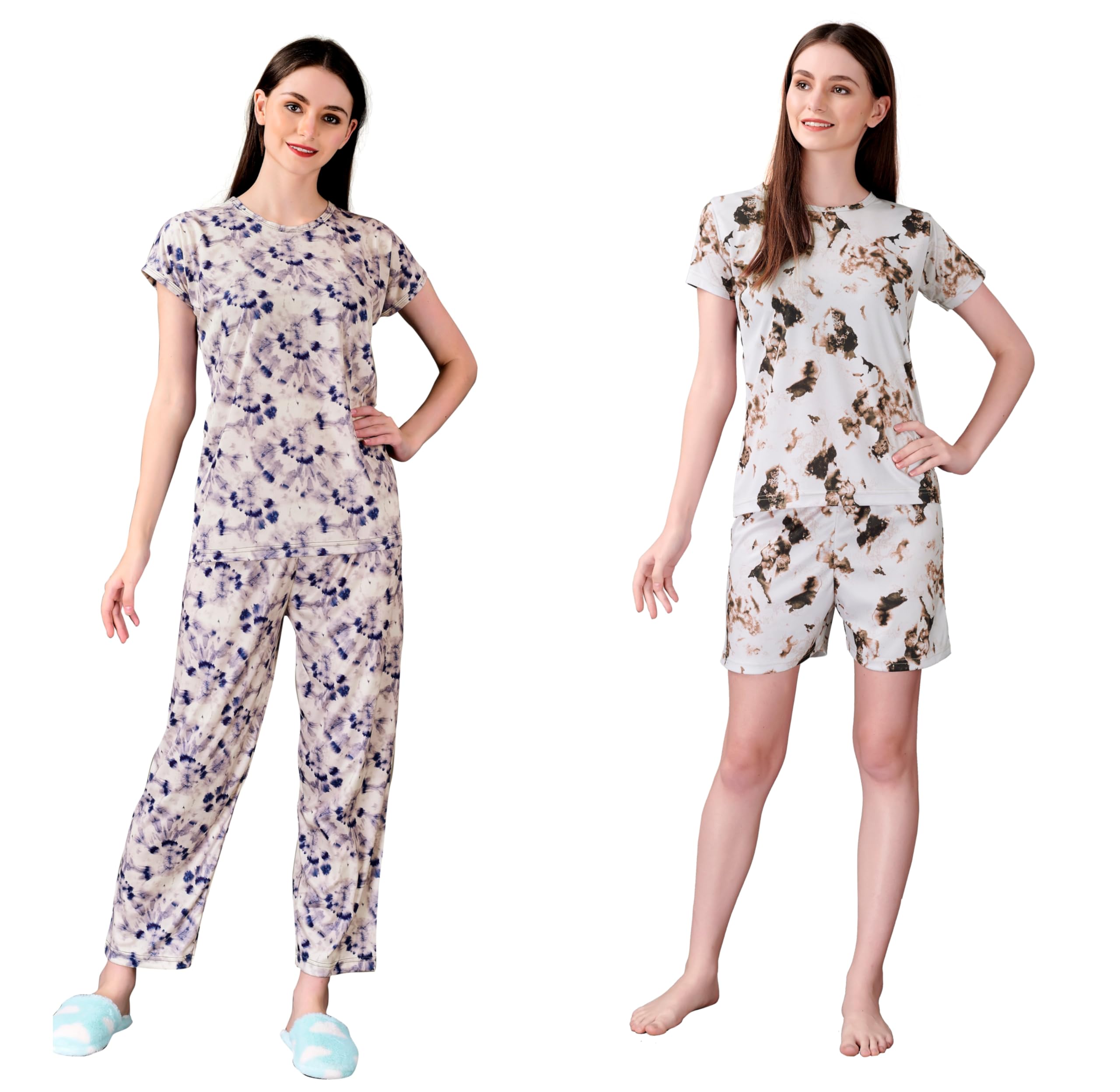 Vivaro Polyester Printed Solid Regular Top Short Sleeves Round Neck Everyday Latest Night Dress Combo for Womens Multicolor | T-Set 04 & FNC 13