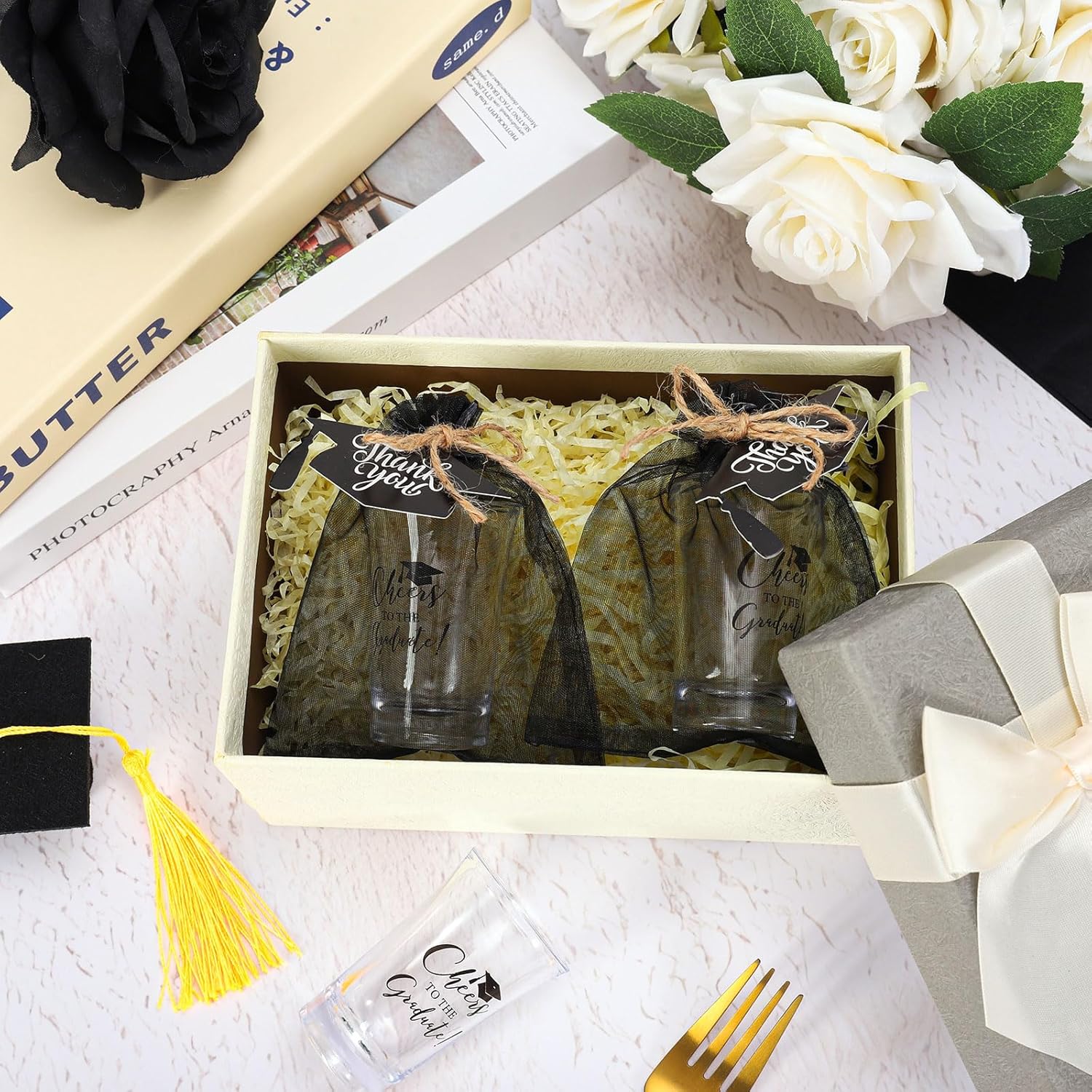 JarThenaAMCS 50 Sets Graduation Party Favors for Guests Black Grad Cap Clear Shot Glasses Thank You Tags Organza Bags with Rope for Congrats Grad Party Supplies