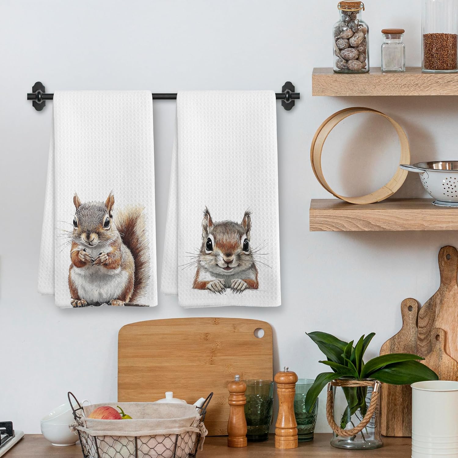 Funny Fall Squirrel Kitchen Towels and Dishcloths Sets of 2, Squirrel Decor Gifts, Woodsy Rustic Cabin Lodge Forest Nursery Home Decor Dish Hand Tea Towels for Bathroom Kitchen, 16x24 Inches - Image 2