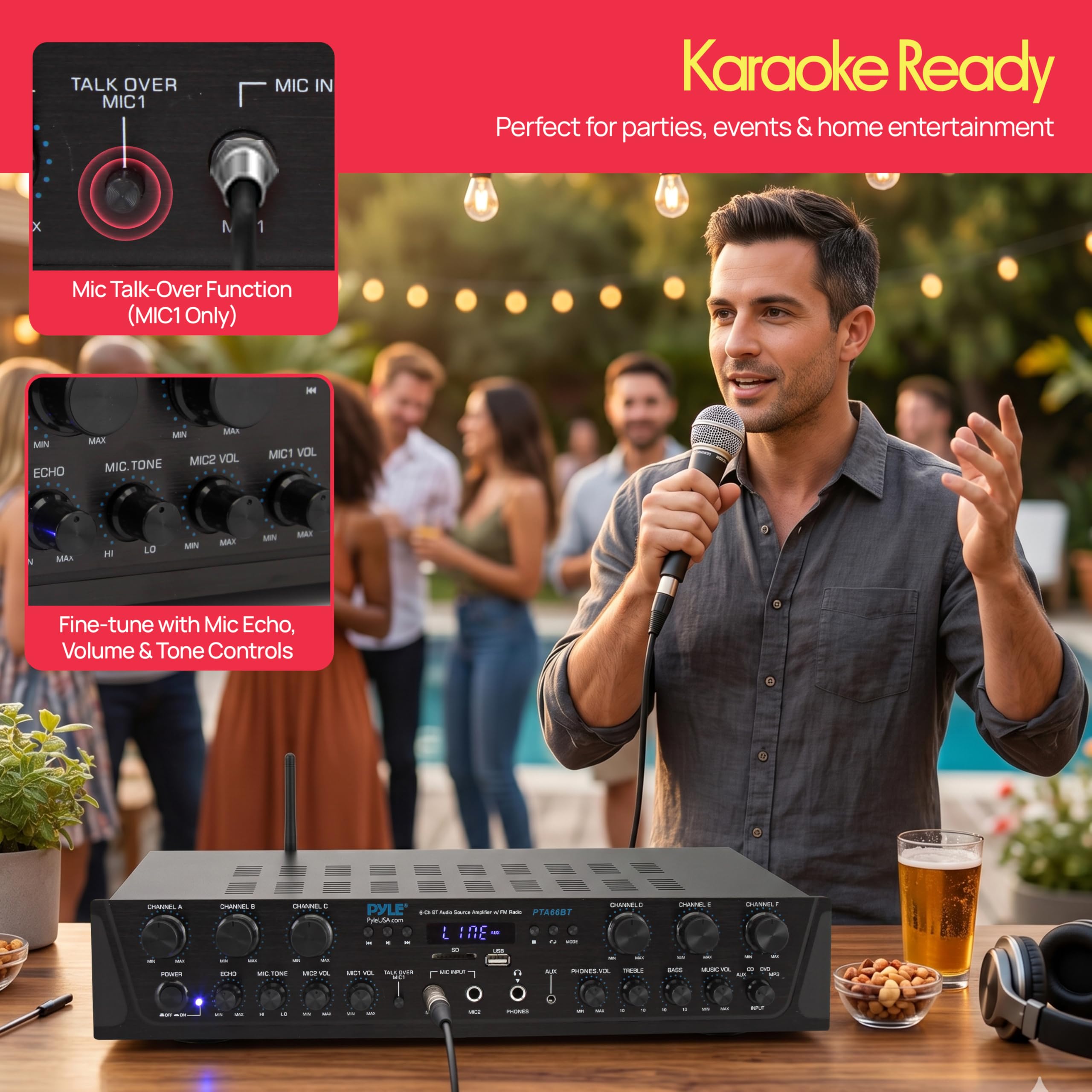 Pyle Wireless Home Audio Amplifier System - Bluetooth Compatible 6 Channel Stereo Receiver, 600W Max Power, Simple Karaoke with Dual Mic Inputs with Tone Control, PA with Talk Over - PTA66BT.6 — Amazon image 4