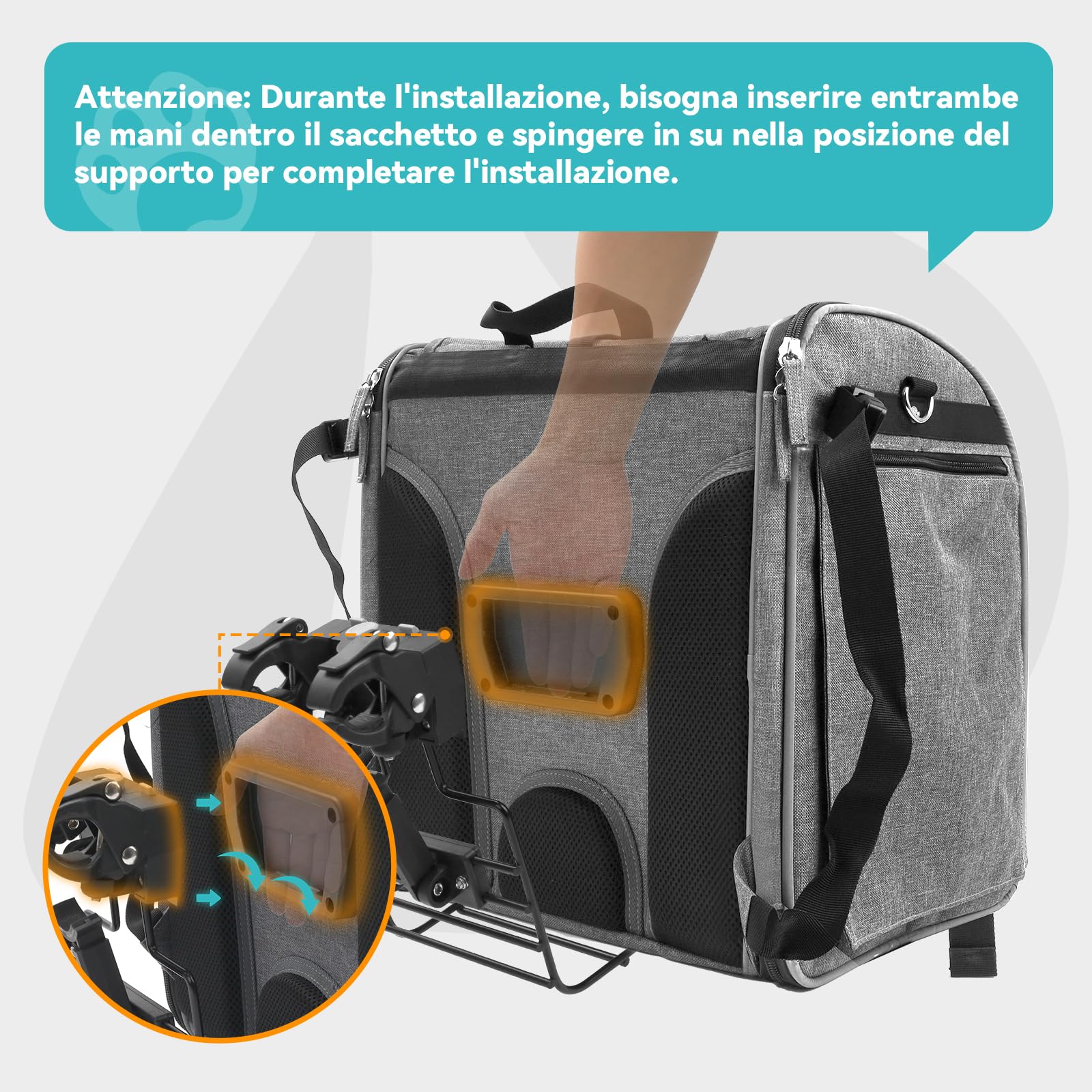 Cestino da Bici Anteriore per Cani Gatti fino a 10KG con Supporto L Ultra-Resistente Φ55mm, Zaino per Animali Domestici con Cerniera SBS, Finestre in Rete Traspirante, Cuscino Impermeabile