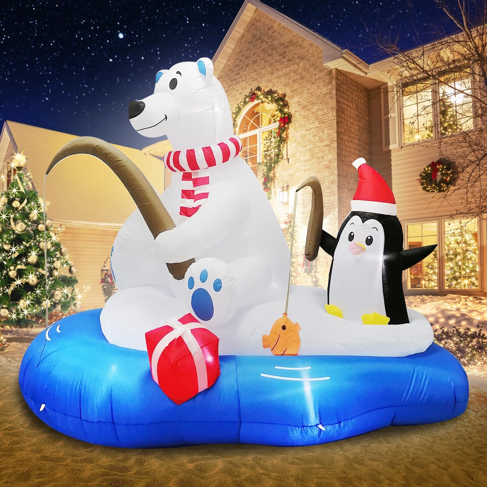 Ours de Noël Gonflable de 180 cm avec Pingouin, Ours Polaire et Pingouin avec 7 lumières LED Lumineuses intégrées pour décorations de Noël dans Le Jardin