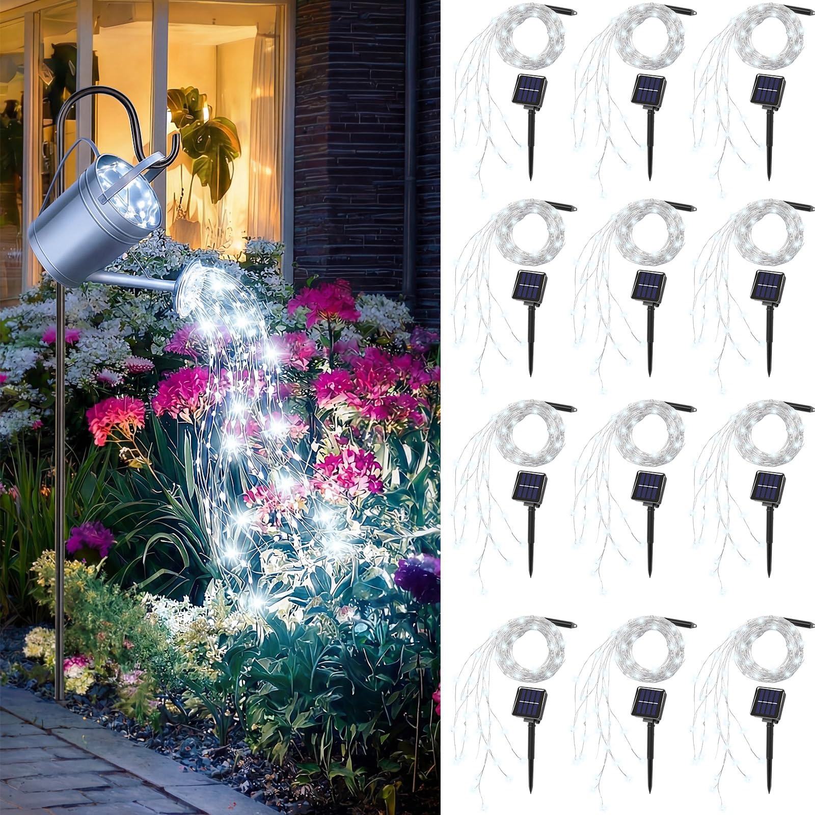 12 Stück Solar-Wasserfall-Lichterkette für den Außenbereich, wasserdicht, 9 Stränge, 180 LEDs, 8 Modi, Gießkannen-Licht (ohne Dose) Glühwürmchen-Lichter für Terrasse, Hof, Garten, Dekorationen