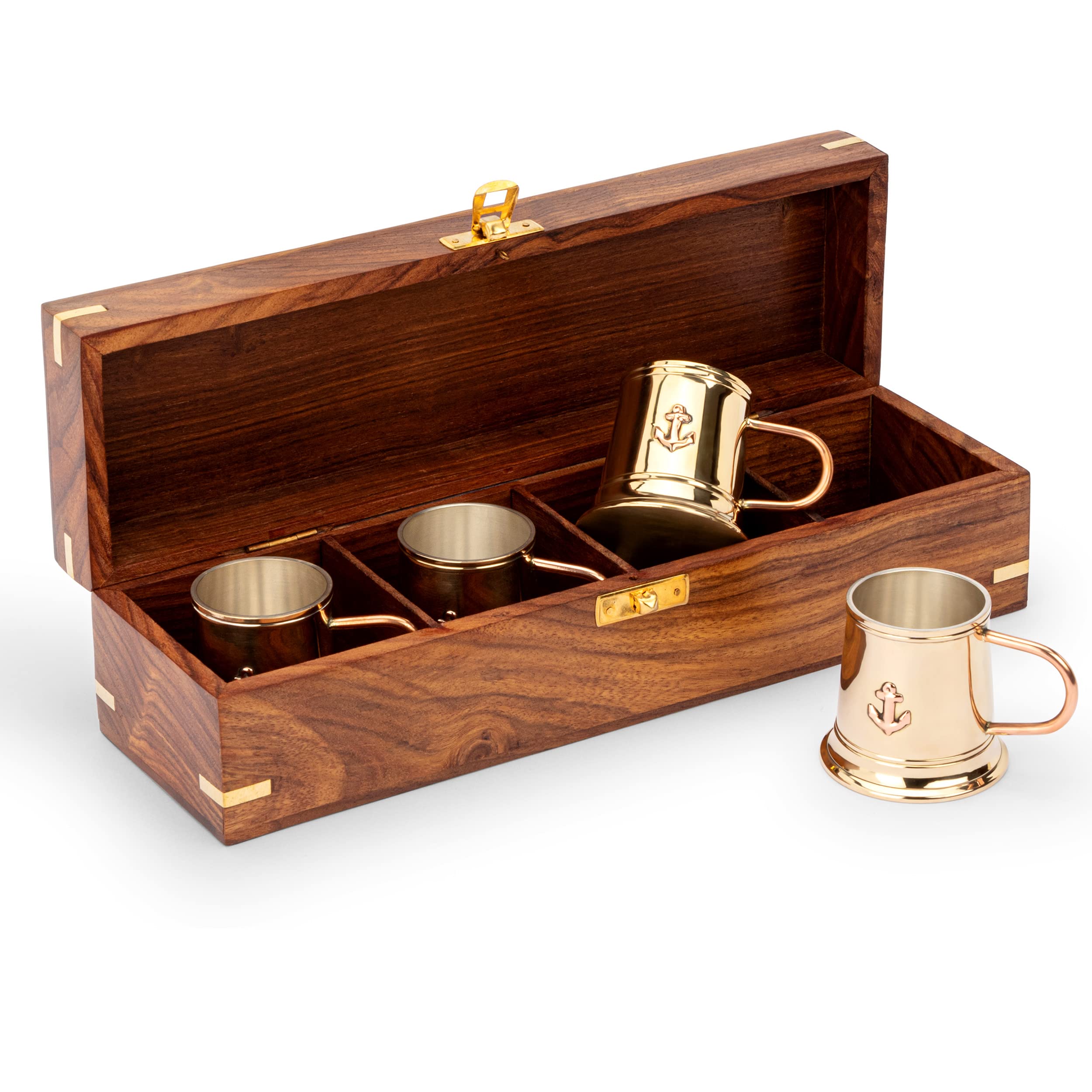 NKlaus Rumbecher Maritim in der Holzbox aus Messing und Kupfer, 1 Stück | Höhe: 6cm; Breite: 6cm; 28x8x7,5cm; 85g