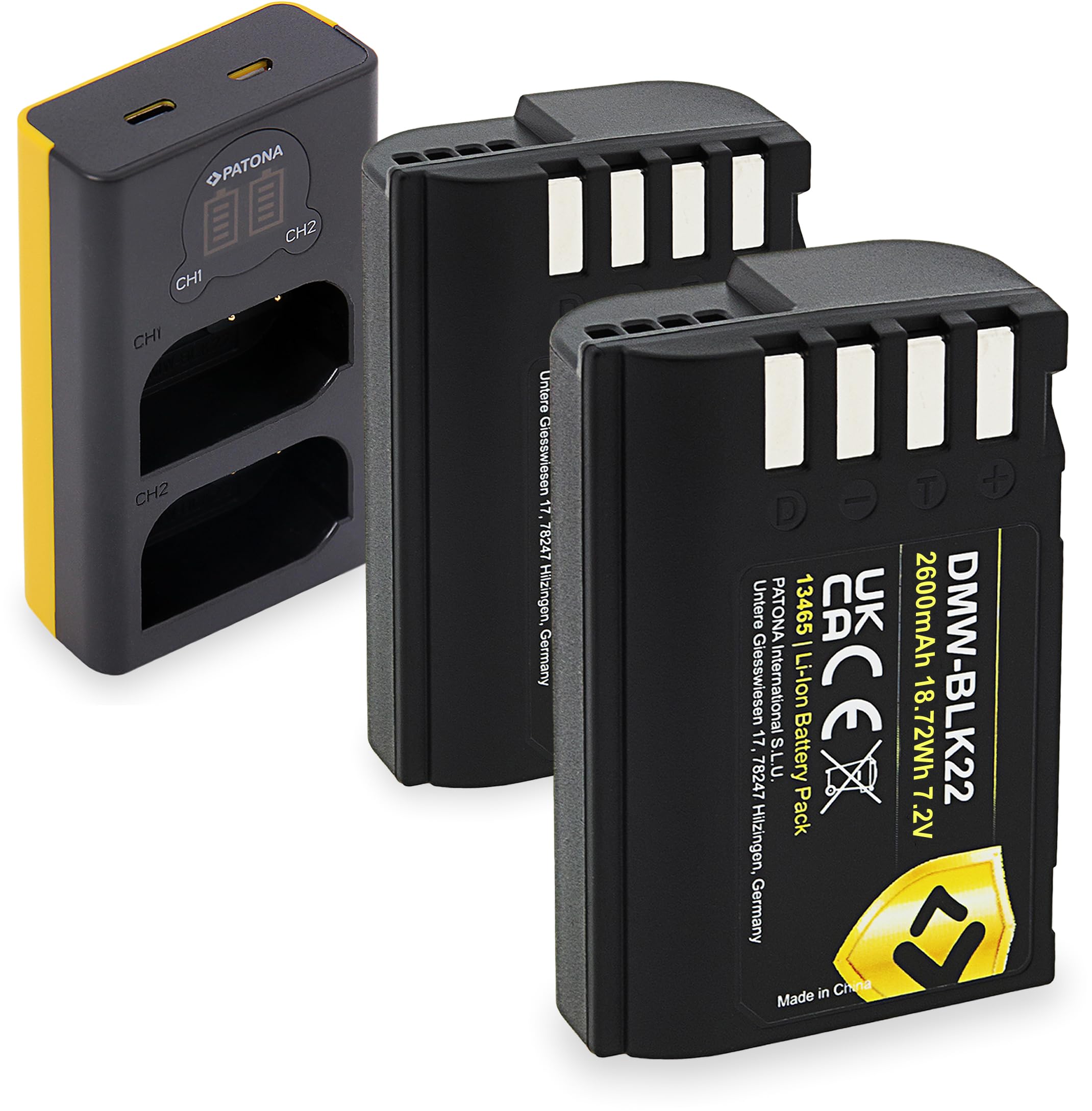 PATONA Chargeur LCD USB-C + 2X Protect Batterie DMW-BLK22 2600mAh – pour Panasonic Lumix S5 II/IIX S5 S9 G9 II GH7 GH6 GH5 – Set Complet avec capteur NTC