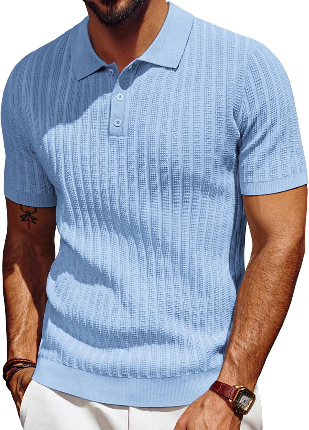 PJ PAUL JONES Mens Knit Polo Shirt Short Sleeve Textured Polo Shirts Casual Summer Collared Polo T Shirt