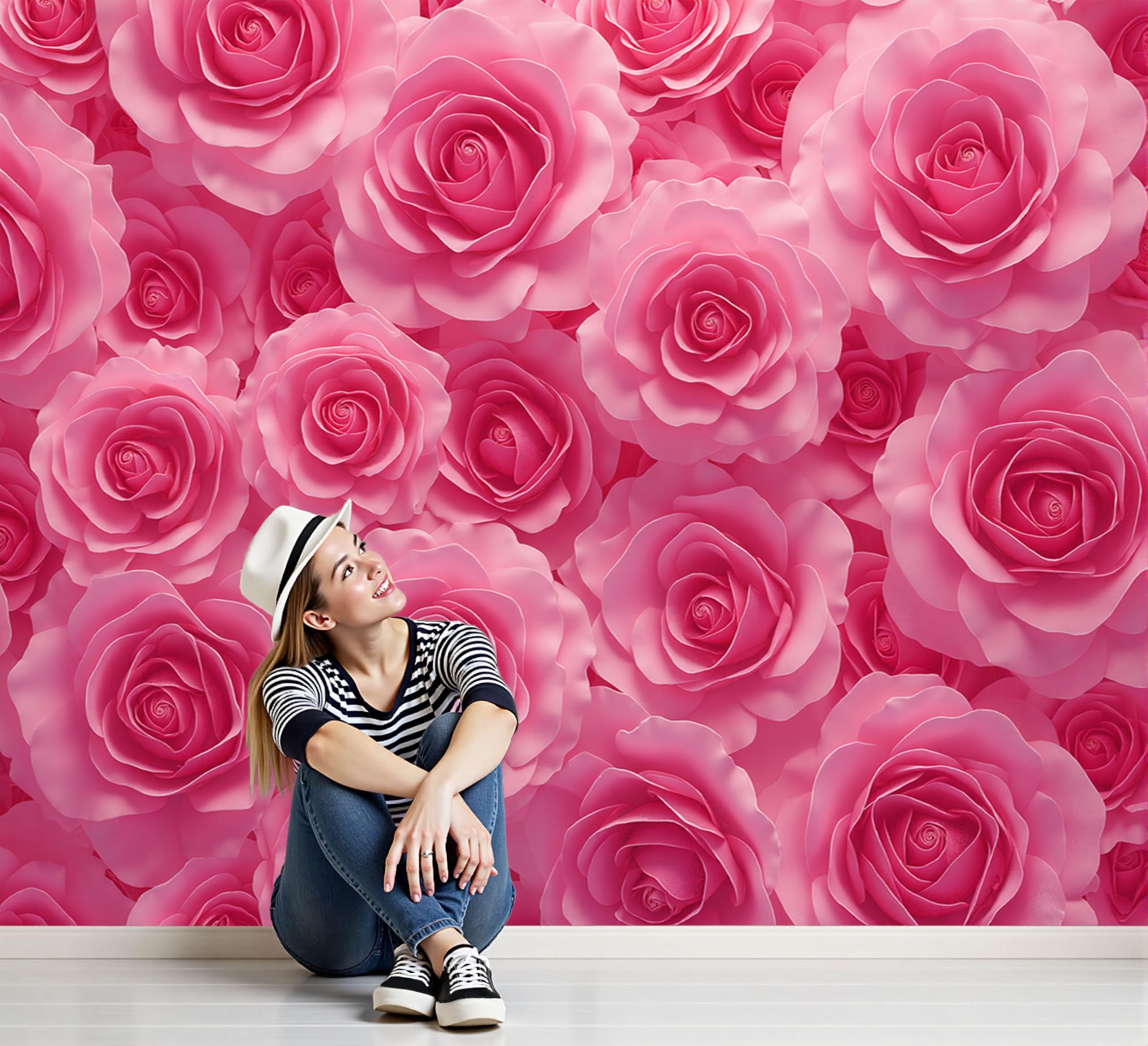 Papier peint panoramique roses roses 3D pour transformer un mur vide en fresque silk