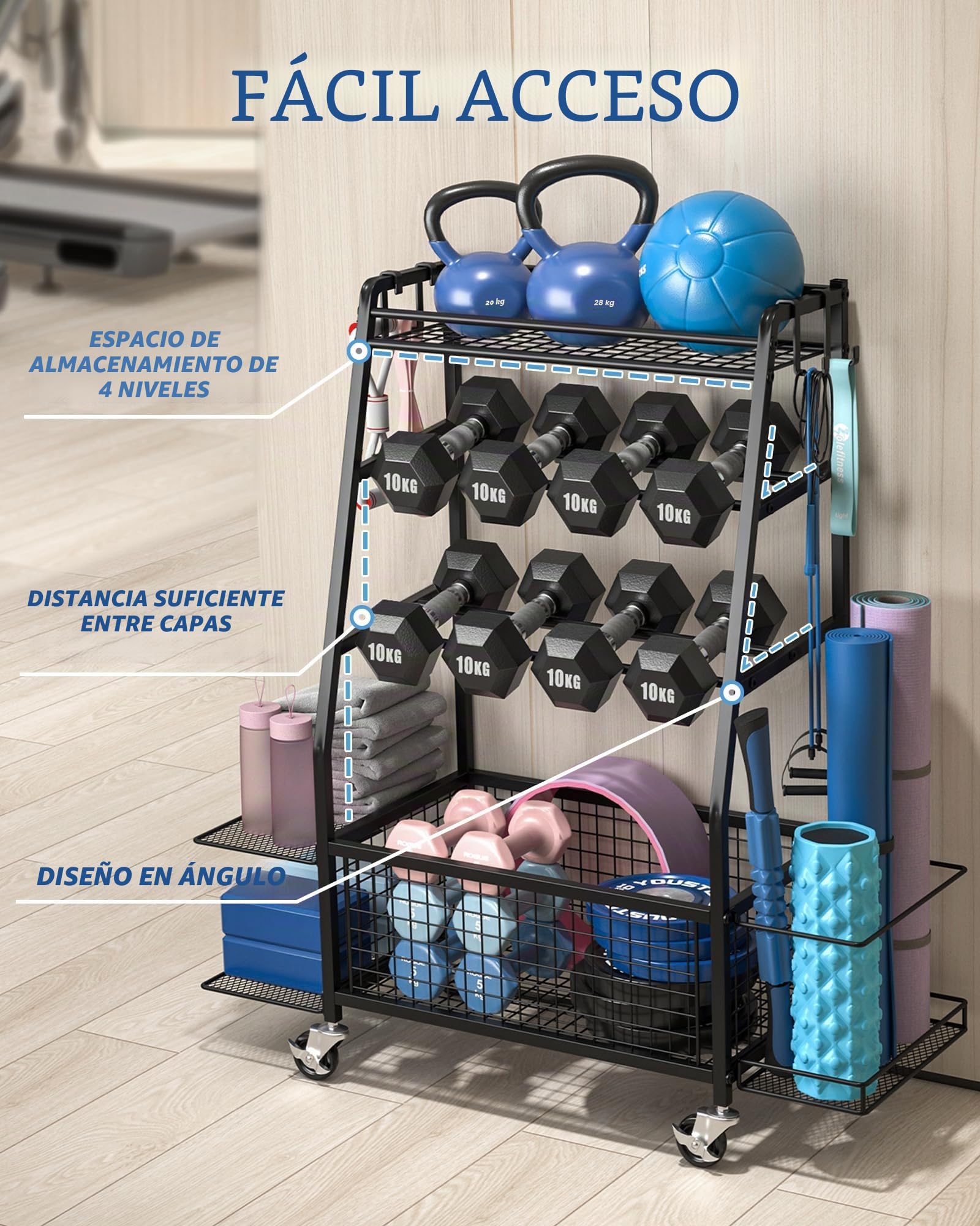 Soporte para mancuernas - Estantería de almacenamiento ampliad para gimnasio doméstico - Soporte de mancuernas con 4 ruedas flexibles y almacenamiento único en ambos lados
