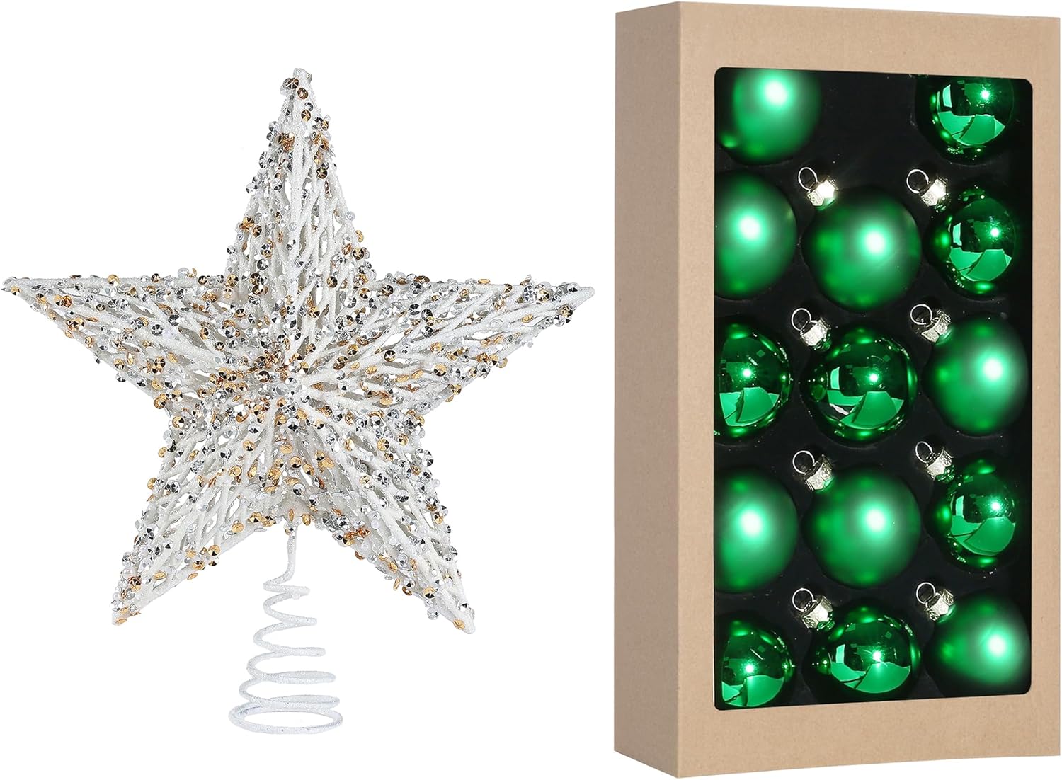 Christmas Tree Topper 10" Treetop Decor with Hanging Green Christmas Glass Ball Set Xmas Tree Ornaments for Christmas Tree Decoration Home Party Seasonal Decor