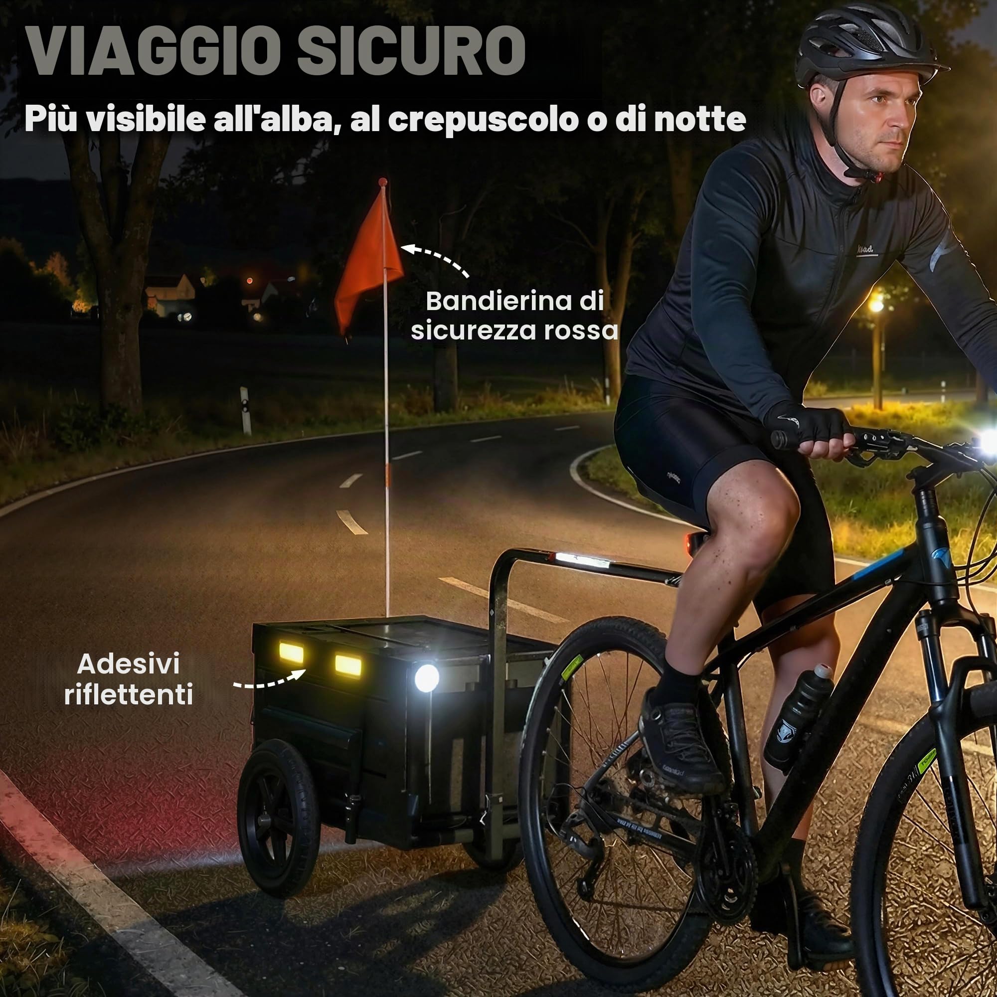 SPORTNOW Rimorchio Bici Cargo Pieghevole Cassa Plastica 65L Coperchio Nero | Carrello da trasporto 30 kg, sgancio rapido, carrello da giardino, ruote 12", adesivo riflettente, bandiera