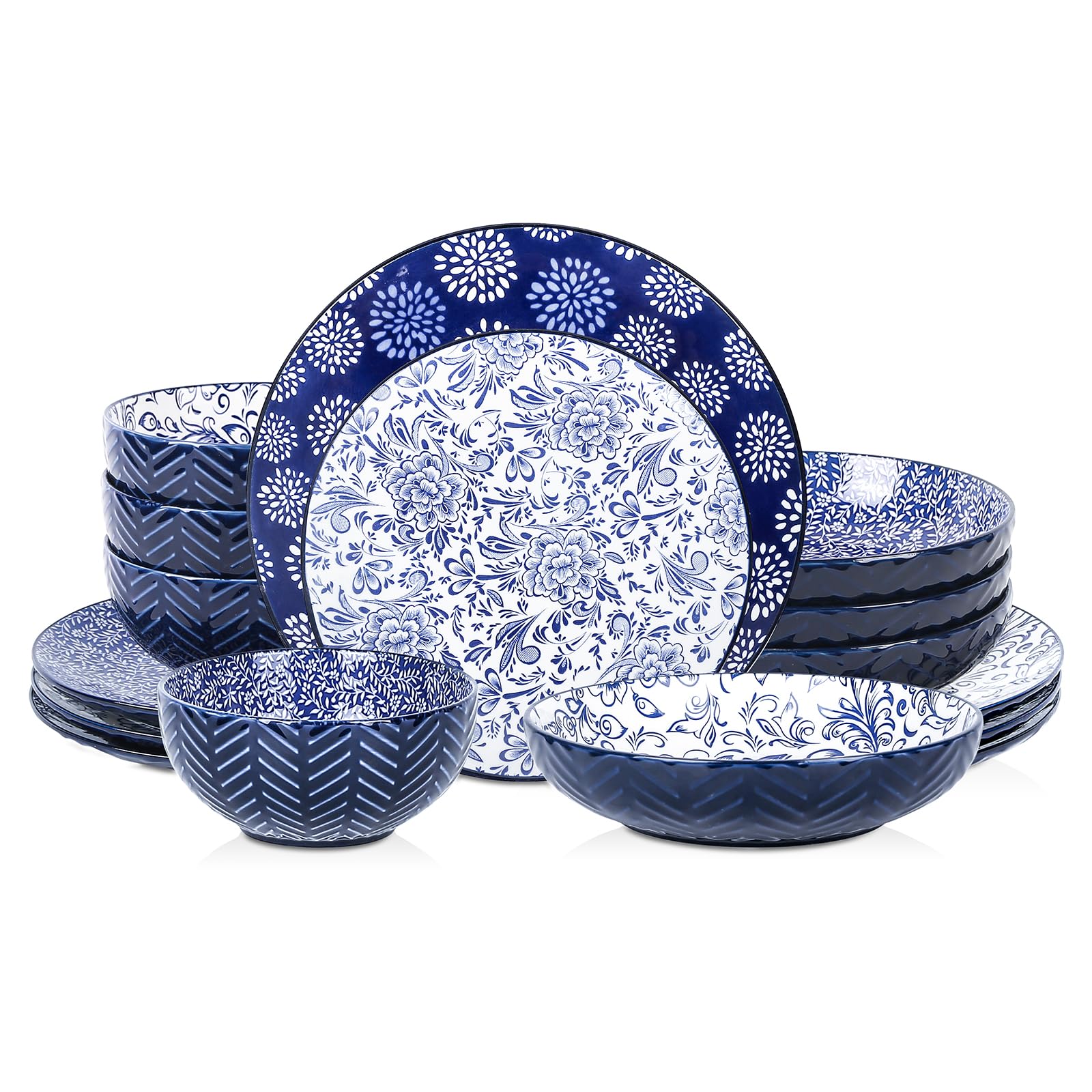 Selamica Dinnerware Sets 16 Piece, Ceramic Plates and Bowls Set, Dishes Set for 4, Embossed Dinner Set, Blue