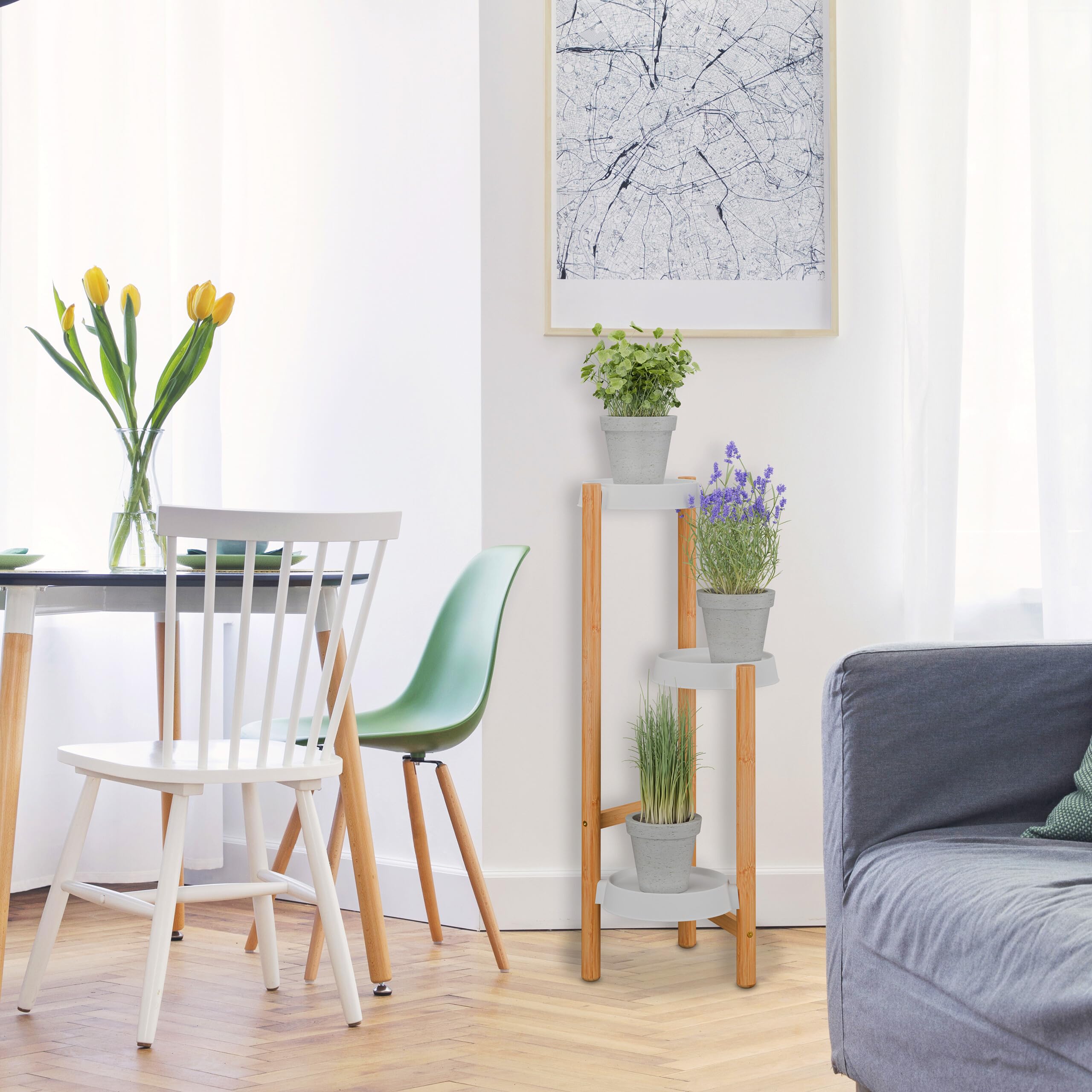 Relaxdays Stojak na rośliny, 3 półki, wewnątrz, bambus i tworzywo sztuczne, wys. x szer. x gł.: 78 x 28 x 34 cm, stojak na kwiaty, naturalny/biały