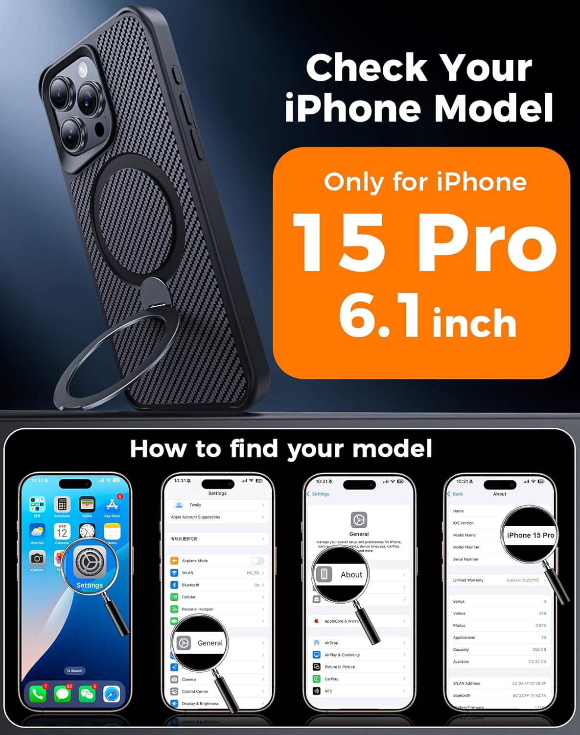 FlyReal Designed for iPhone 15 Pro Case with 360° Magnetic Stand, Carbon Fiber Phone Case [Compatible with Magsafe] [16FT Military Protection] with Rotatable Ring Stand 6.1'', Black - Image 6