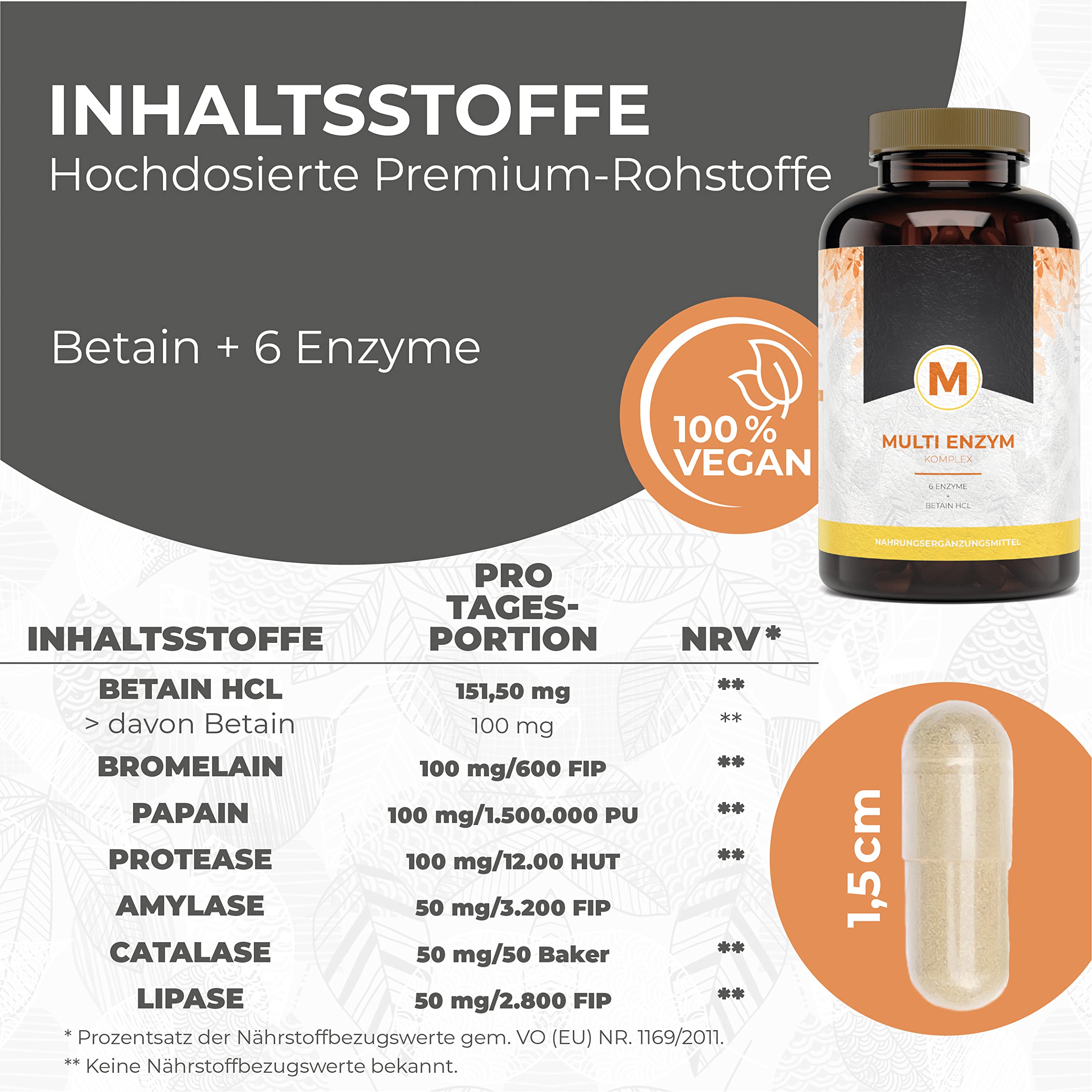 Enzym Komplex - Umfangreicher Mix mit 6 Enzymen + Betain HCL - Mit Bromelain, Papain Amylase, Catalase, Lipase - Hochdosiert - Vegan - 120 magensaftresistente Kapseln (Bright JC Caps®)