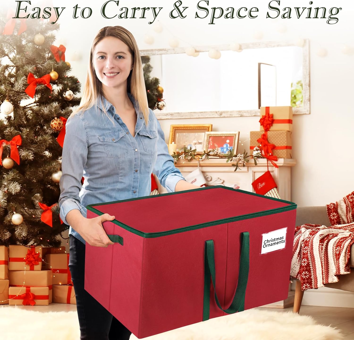 Christmas Ornament Storage Box, Store Up to 128 Ornaments, Durable Christmas Storage Container, Dual Zipper & Adjustable, Large Organizer Bin to Protect and Store Holiday Ornaments(Red)