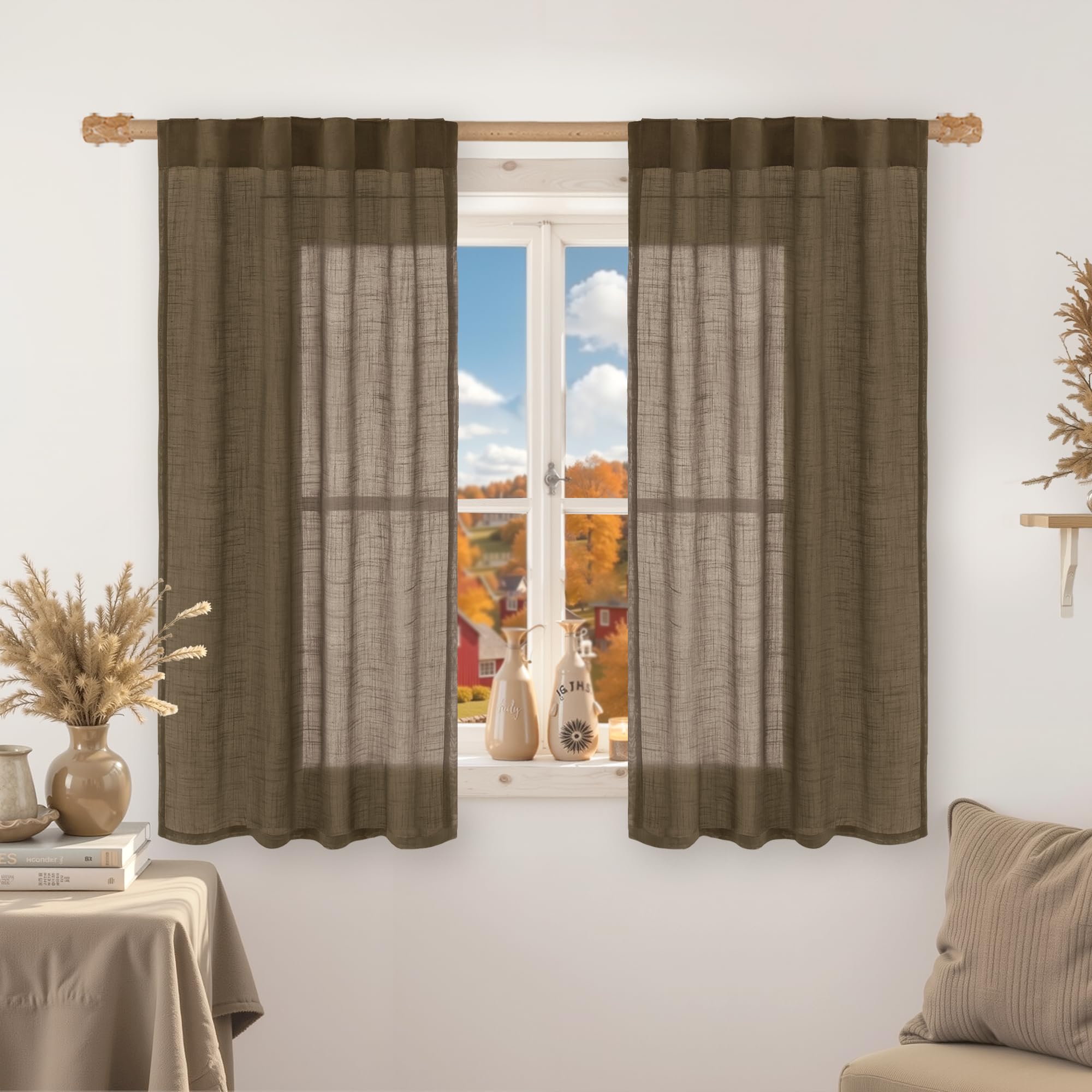 LAMIT Natural Linen Semi Sheer Curtains 84 Inches Long 2 Panels, Living Room Linen Textured Light Filtering Drapes Back Tab and Rod Pocket Neutral Window Panels for Bedroom/Sliding Door, 52 x 84 Inch — view 52