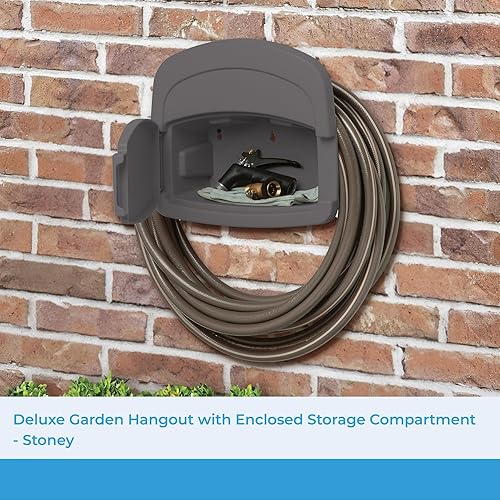 Miniatura 10 de Suncast DHH150Deluxe Hangout compartimiento cerrado para almacenar manguera de jardín 150 pies de capacidad color gris pardo