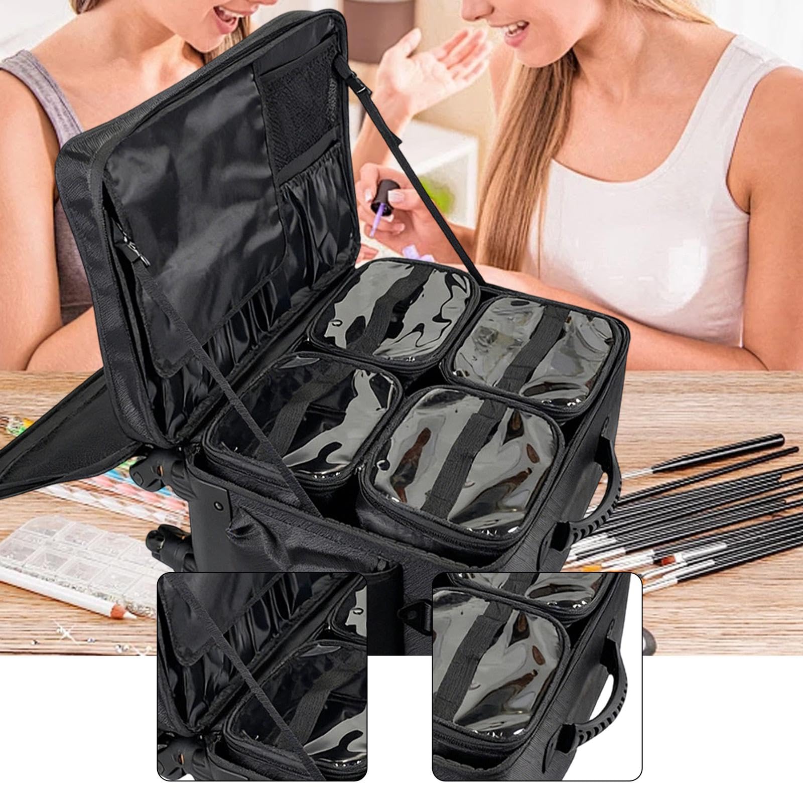 Maletín de Maquillaje con Ruedas Carrito Trolley Estuche Cosmético Bolsa de Viaje con Compartimento para Brochas Y Cubierta Transparente Divisores con