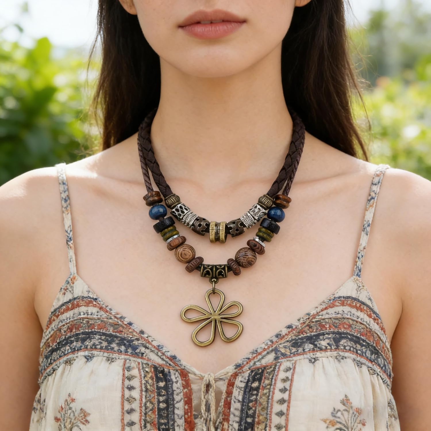 Boho Necklace for Women,Vintage Butterfly Pendant Necklaces,Adjustable Wooden Beads Layered Braided Choker,Fashion Tribal Style Leather Rope Necklace Jewelry,Chunky Statement Gift for Women