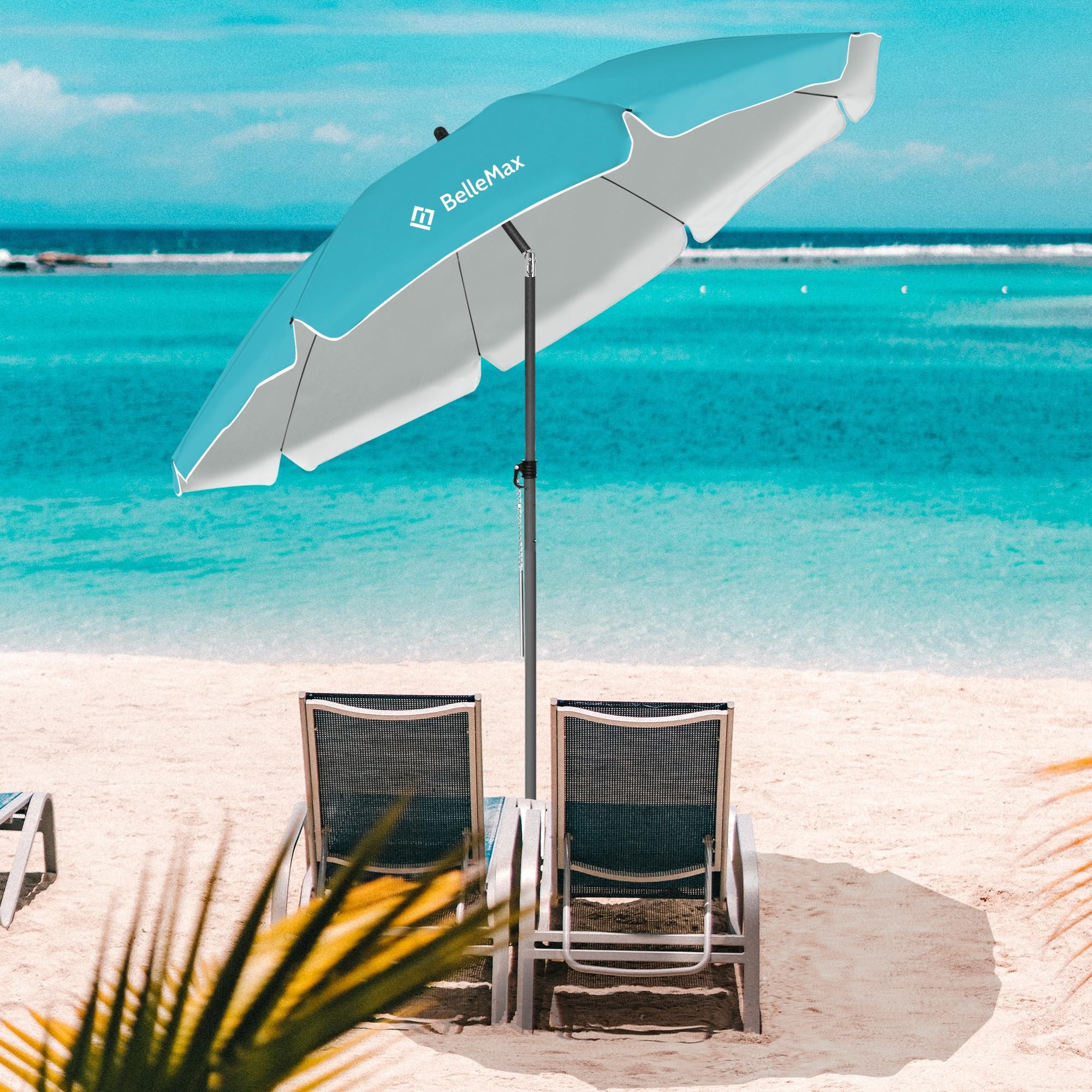 BelleMax Parasol de Plage Exterieur, avec ancre de sable 12 cm & Sac de Parasol, Inclinable sur 30°, Hauteur réglable, pour Balcon, Plage, Terrasse, Protection Solaire UV50 +