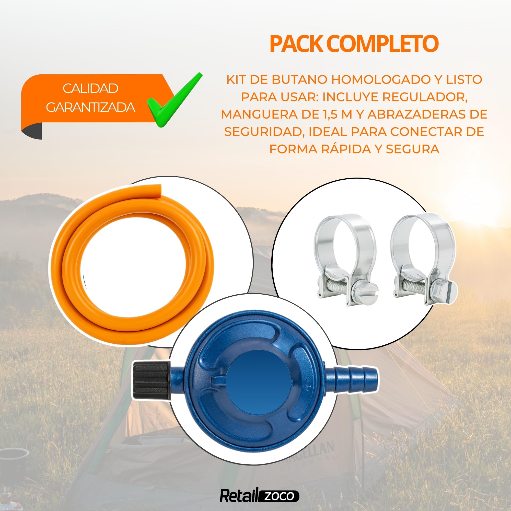TECHZOCO Kit Completo butano para bombona de butano de Camping + Tubo Goma 1,5 Metros + 2 Abrazaderas Seguridad, Homologado,Apto para aparatos de Gas para Camping, barbacoas y Calentadores