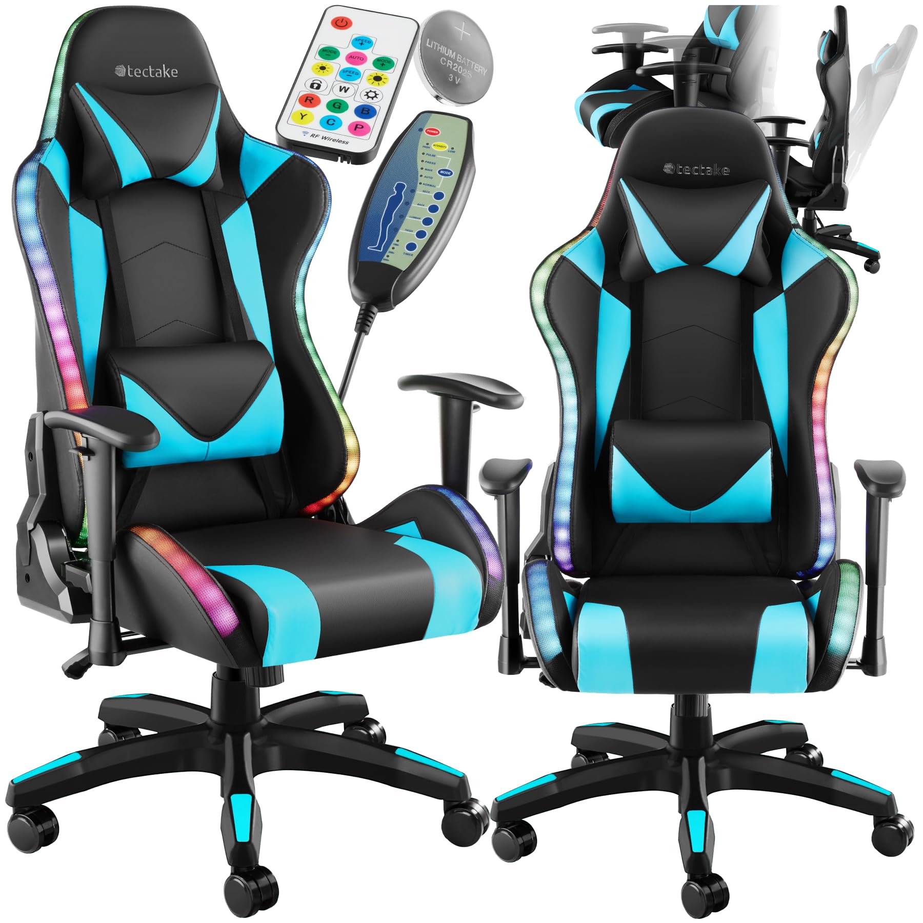 TecTake® Silla Gaming, Silla de Oficina Ergonómica con Función Masaje, Iluminación LED, Respaldo y Reposabrazos Ajustables, Silla Giratoria Reclinable, Silla para Escritorio y Gaming - Negro/Celeste