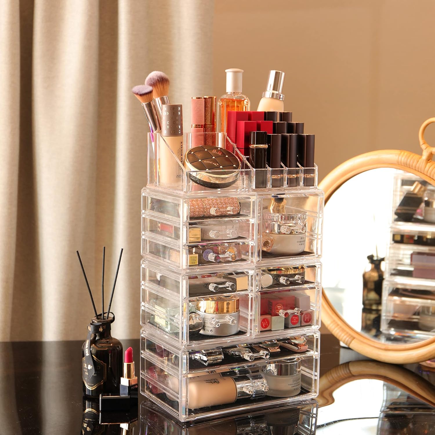 Cq acrylic 4 Pack Clear Make up Organizer Countertop,Stackable 10 Drawers Makeup Storage,Cute Vanity Organizers for dresser Hair Clip,Jewelry,Beauty Product Desk and Bathroom Organizers and Storage