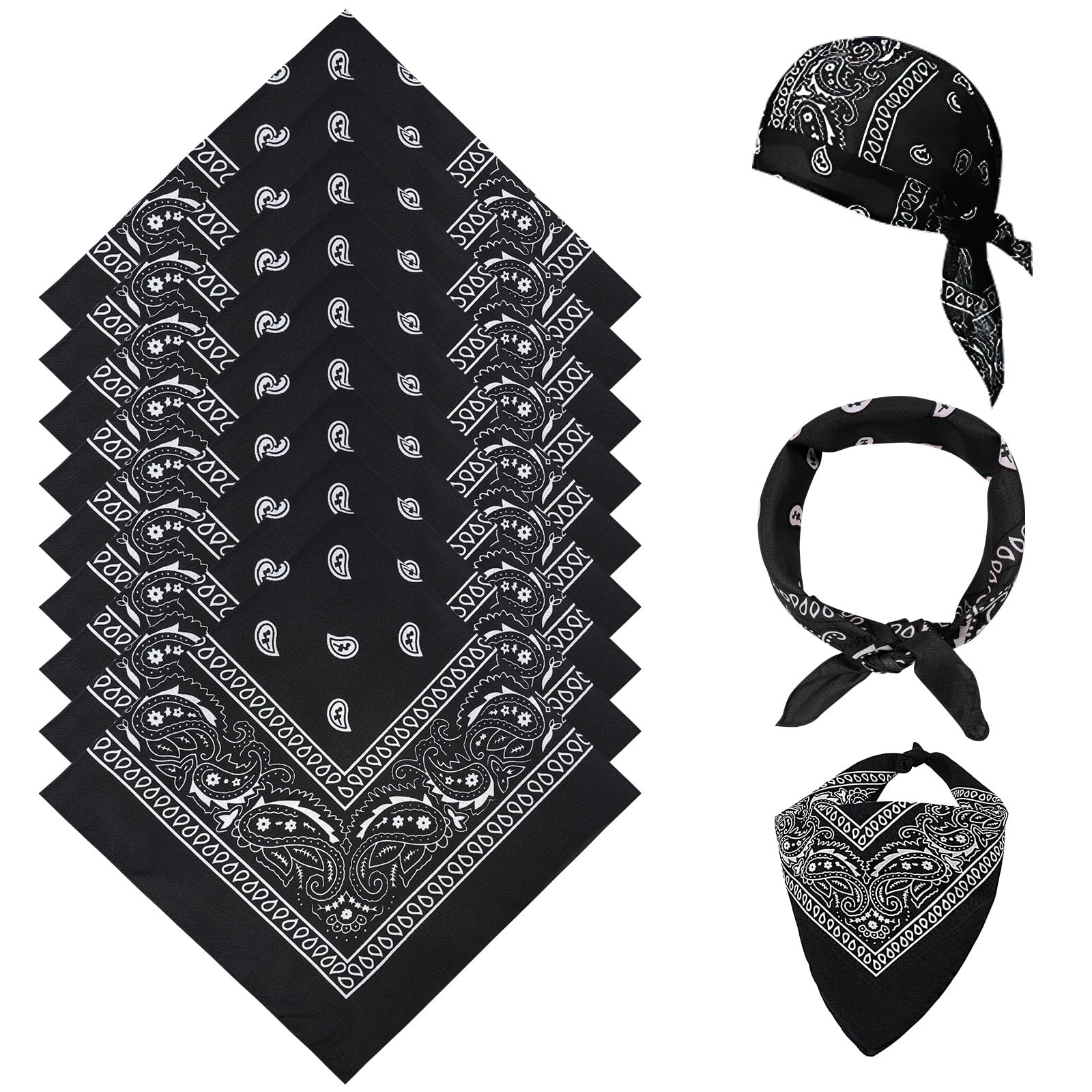 AOMIG Bandana Damen Herren, 12pcs Nickitücher Kopftuch Halstuch Männer, Unisex Tuch Bindetuch, Headwear Haar Schal Paisley Muster- Taschentuch/Halstuch, Schwarz (55 x 55 cm)