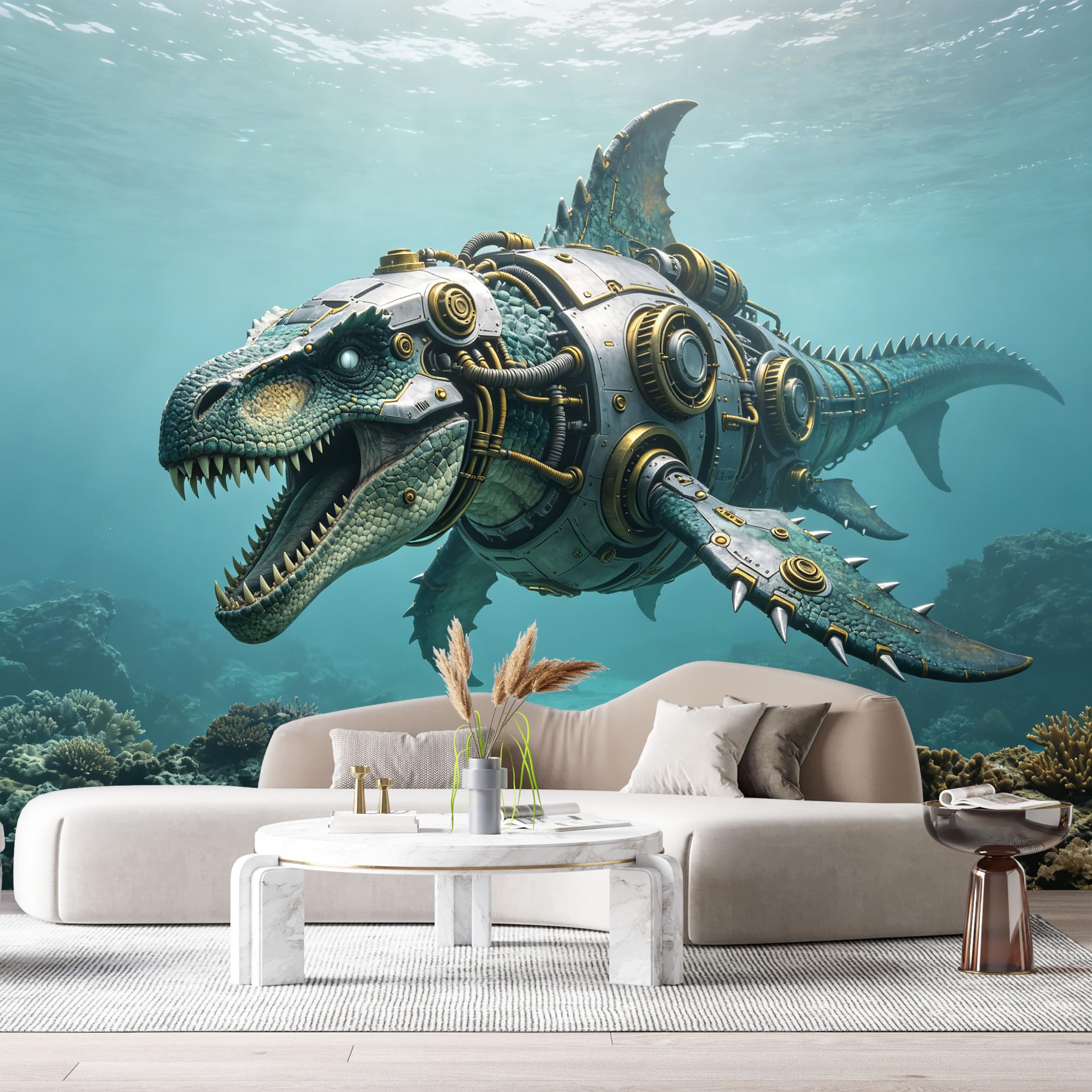 Custom Size Wall Mural Mechanical Sea Dragon Mech Ocean SciFi Robot Submarine Futuristic Steampunk Style SelfAdhesive Art Prints Removable Large Wallpaper Esports Game Room Studio