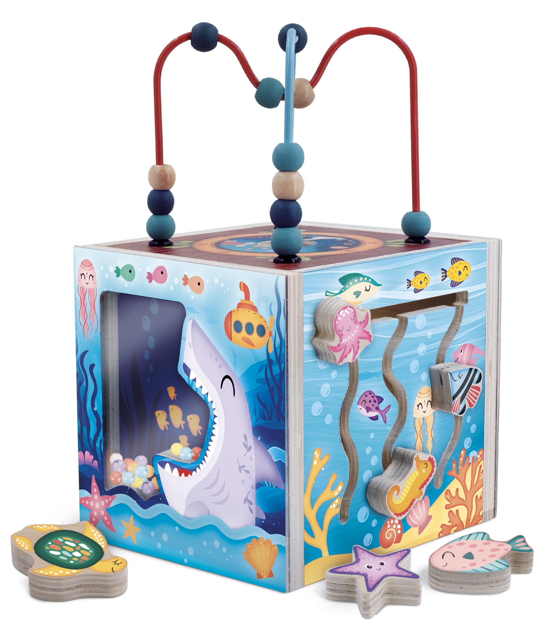Lisciani - Montessori Wood - Montessori Sensory Activity Cube for Children 3+ - Wooden Educational Toy with 6 Activities Ocean Theme - Fine Motor Skills Logic and Sensory Exploration