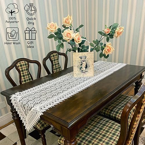 Miniatura 5 de Camino de mesa rectangular de encaje blanco elegante camino bordado de flores para decoración de boda granja cocina comedor 157 x 70 pulgadas