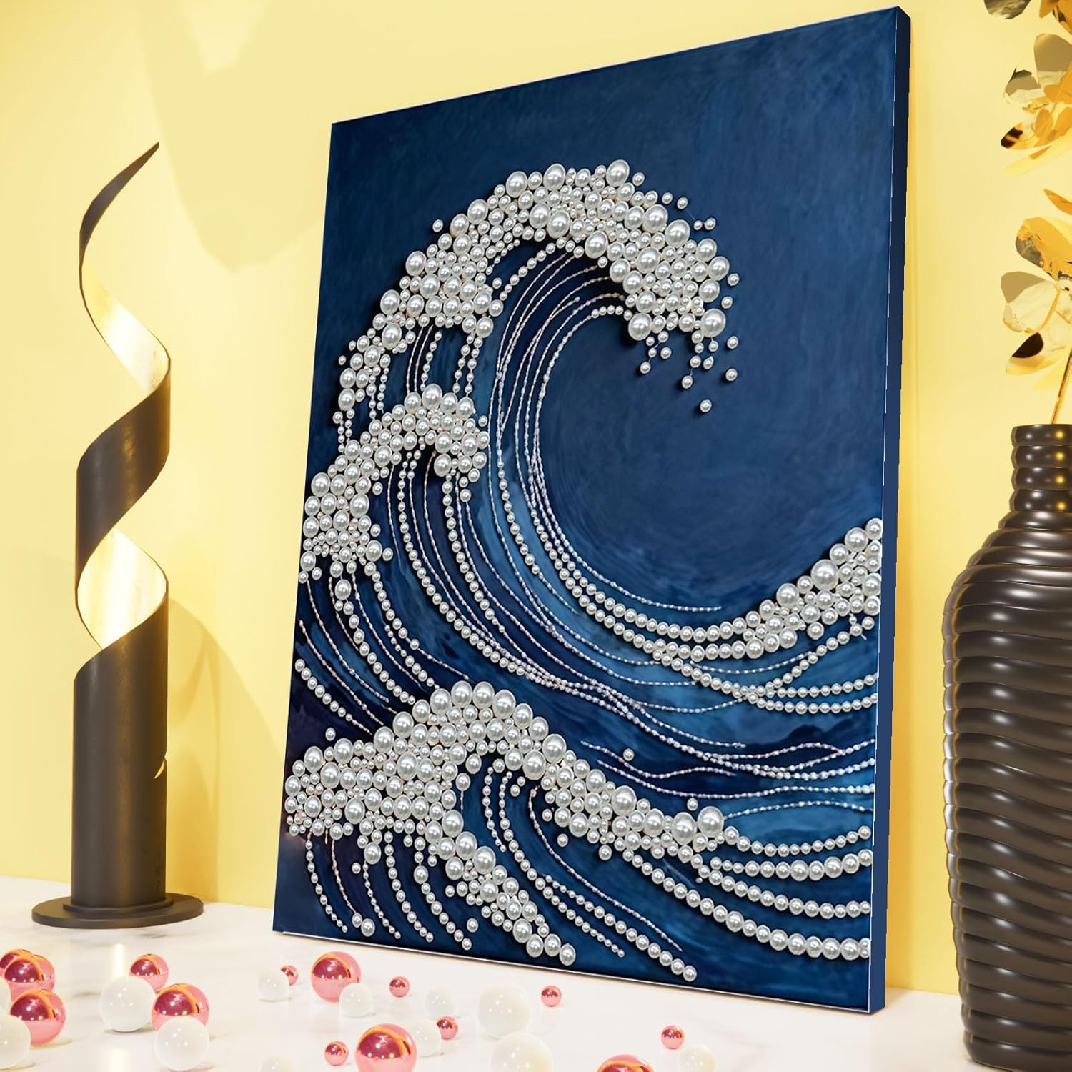 C'eitura Ocean Wave Pearl Diamond Art Painting Kit for Adults, DIY Full Drill Sparkling Seascape Gem Art with Frame 11.8x15.75 Inch, Coastal Home Wall Decor, Calming Beach Themed Craft Gift