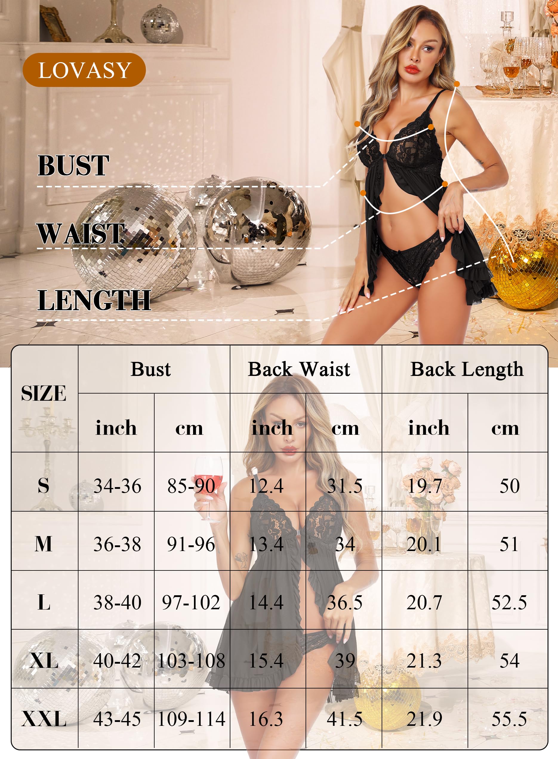 Lovasy Dessous Damen Sexy Mesh Negligee Babydoll mit Abnehmbarem Verschluss Nachtwäsche Verstellbaren Spaghettiträger Spitze V-Ausschnitt Nachthemd Lingerie