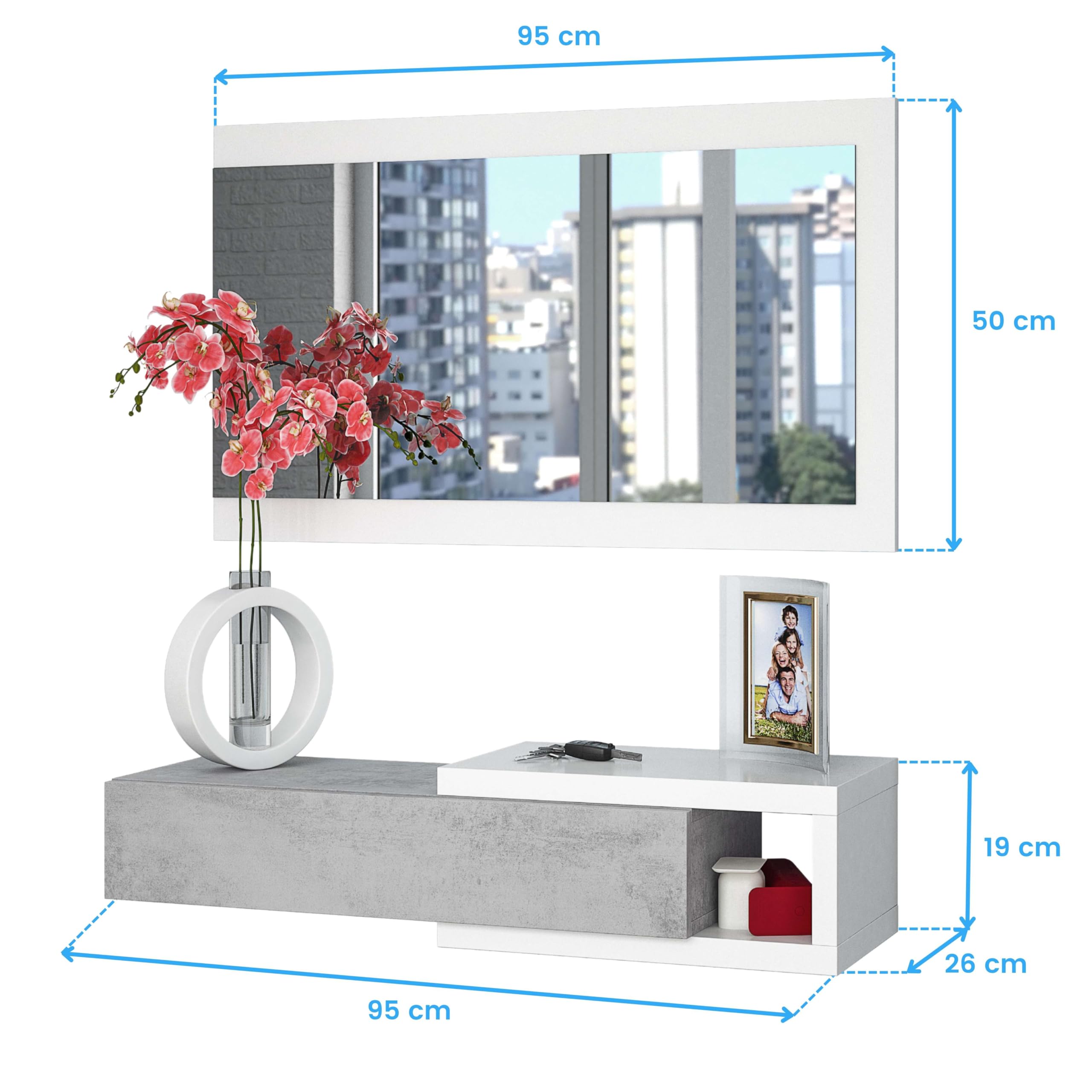 Miroytengo Mueble de Entrada con Espejo Recibidor Neutre Estilo Multifuncional Color Blanco Artik y Gris Cemento 95 cm