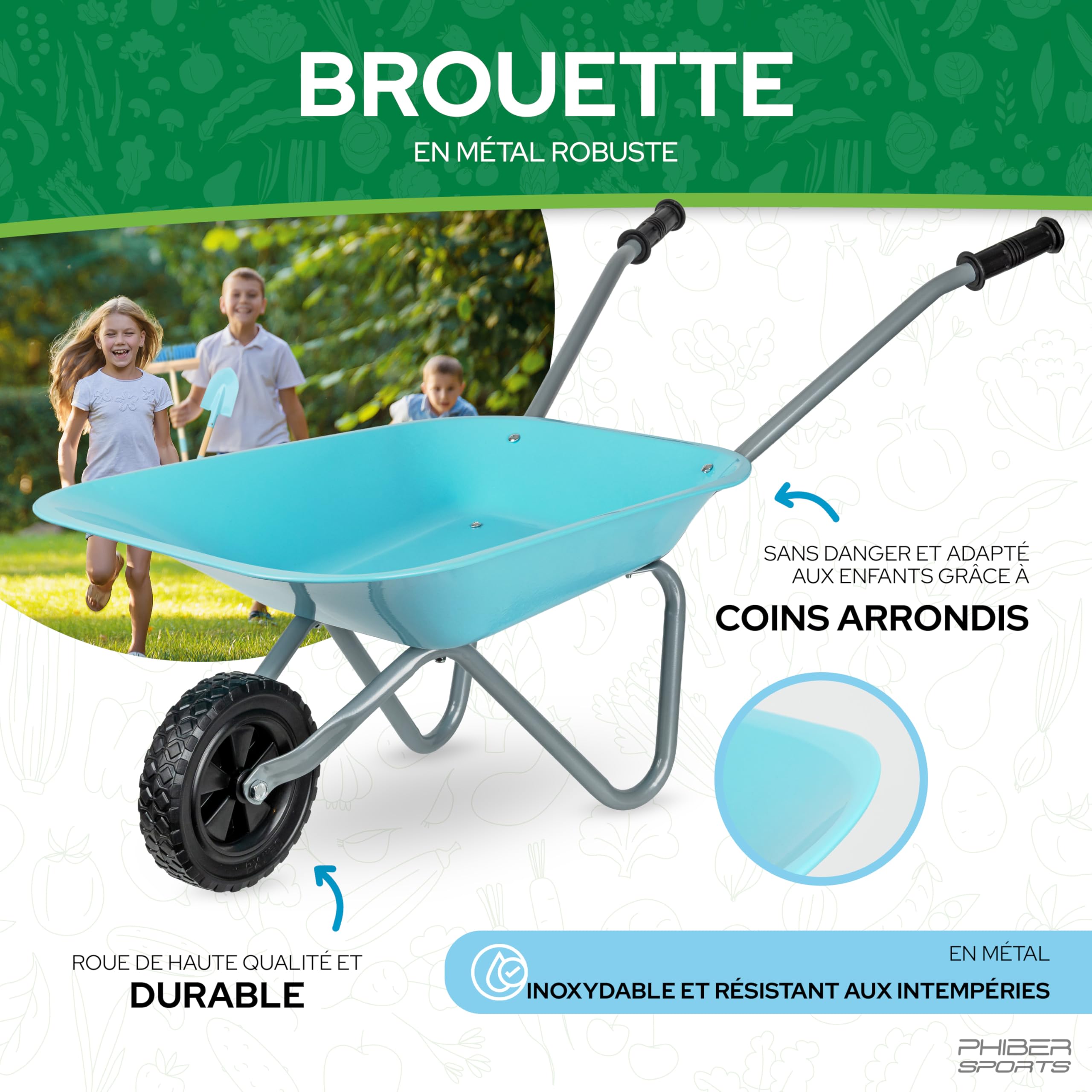 PHIBER-SPORTS Brouette pour enfants + outils de jardin en métal - Brouette avec pelle, balais, râteau à feuilles et autocollants pour enfants