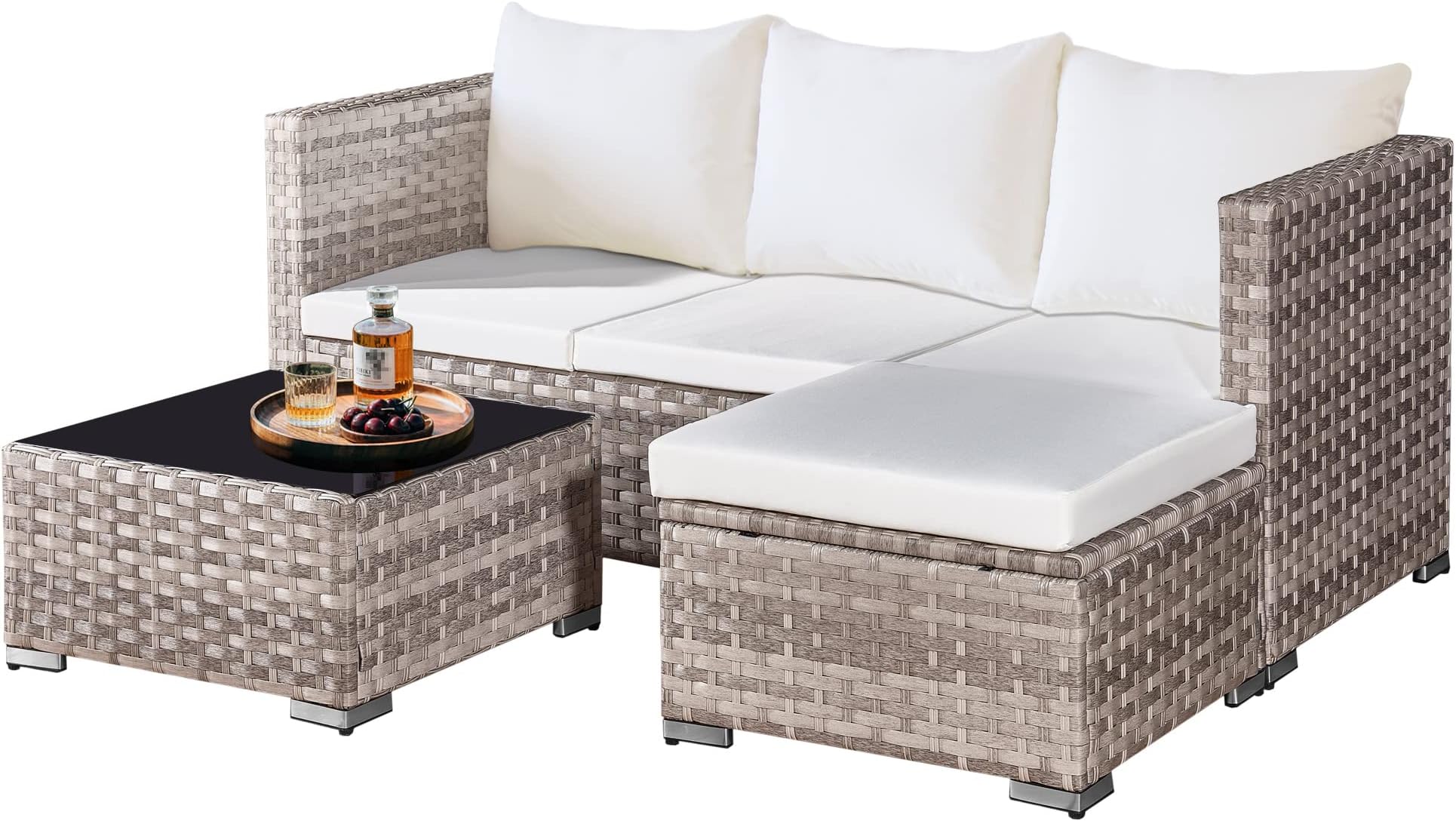 ASOWNSUN 4 Seater Rattan Garden Furniture Sets, All-Weather PE Rattan Outdoor, L Shape Patio Sofas Set Small Patio Conversation Set with Coffee Table, Footstool, Cushions